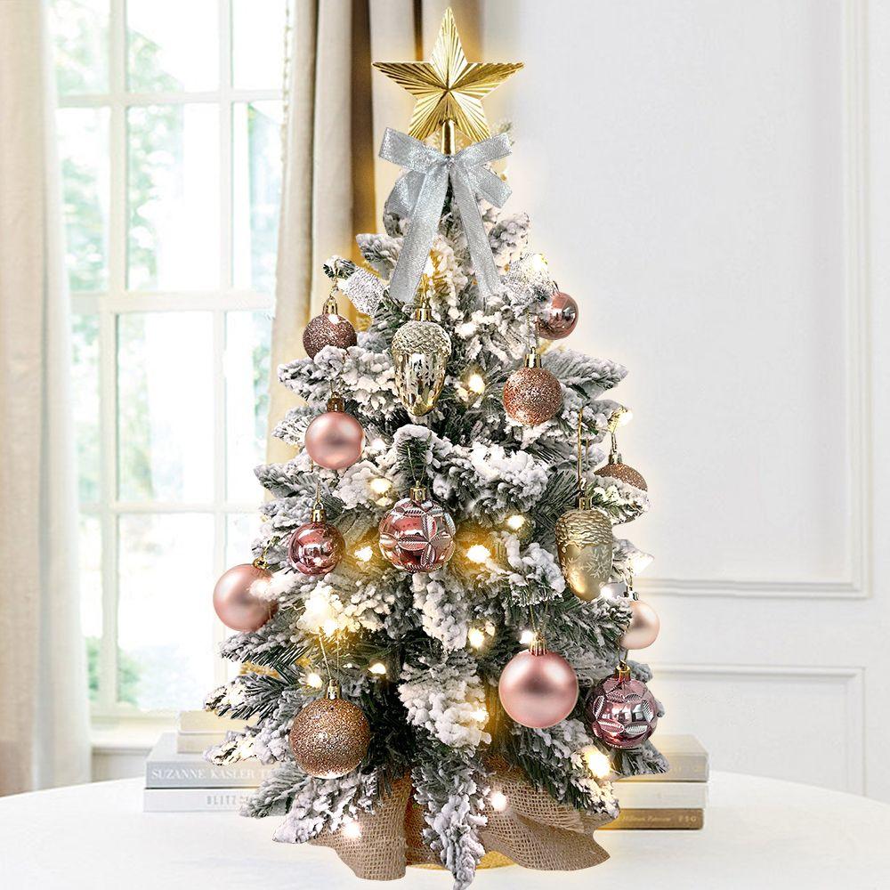 22in Flocked Snow Tabletop Christmas Tree with LED Lights - Mini Artificial Red Xmas Tree Decor for Home, Office, Party & Holiday Decoration | Perfect for Tabletops, Desks, Mantels & Holiday Displays