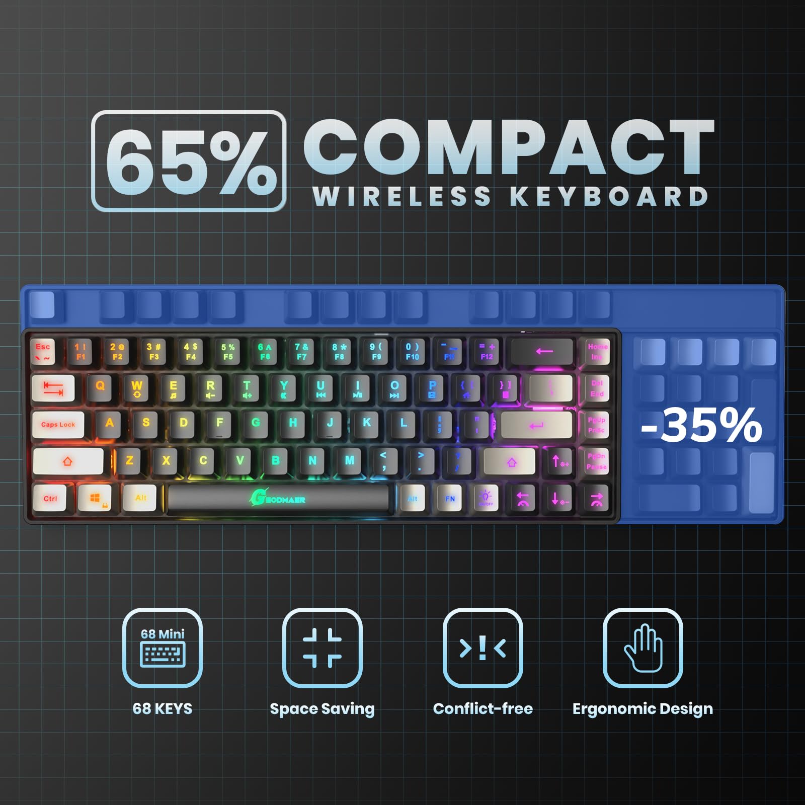 65% LED Gaming Keyboard - Compact 68 Keys, Anti-Ghosting for PC Gamers | Perfect for Esports & Office Work
