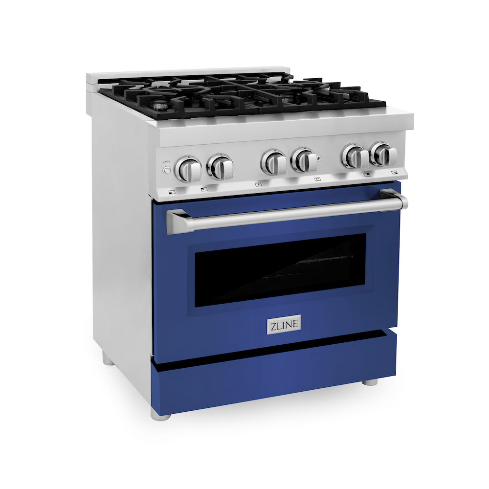 ZLINE 30 Inch 4.0 cu ft Dual Fuel Range with 4 Burner Gas Cooktop & Electric Convection Oven - Stainless Steel with Blue Matte Door (RA BM 30) - Perfect for Modern Kitchens & Professional Cooking