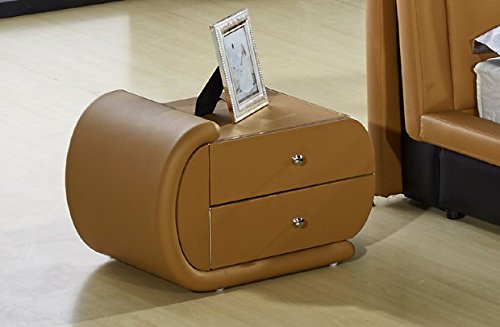 Contemporary Upholstered Bonded Leather Nightstand - Right Facing with Chrome Drawer Pulls, Tan/Gold Finish - Perfect for Bedroom, Living Room, or Office Storage