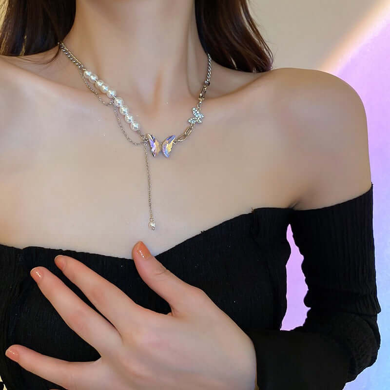 Chunky Pearl Bead Butterfly Half Chain Tassel Necklace for Women | Elegant Boho Jewelry Gift | Perfect for Parties, Weddings & Date Nights | HN2348