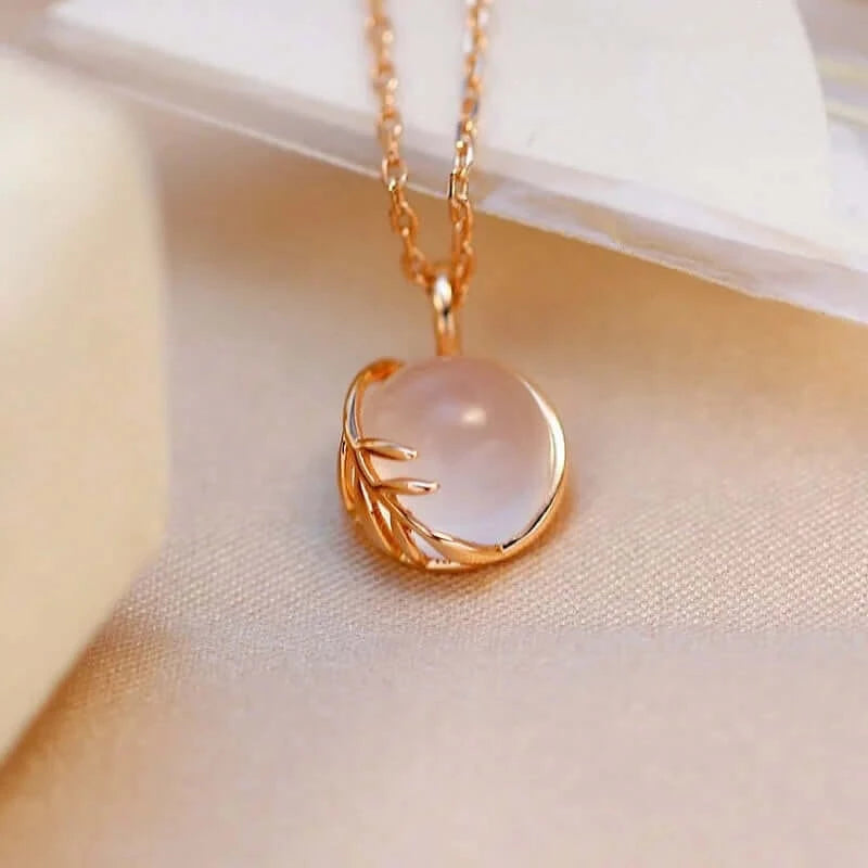 Blush Pink Rose Quartz Leaf Pendant Necklace - Elegant Healing Crystal Jewelry for Women | Perfect for Valentine's Day Gifts, Spiritual Healing & Everyday Wear | TB1082