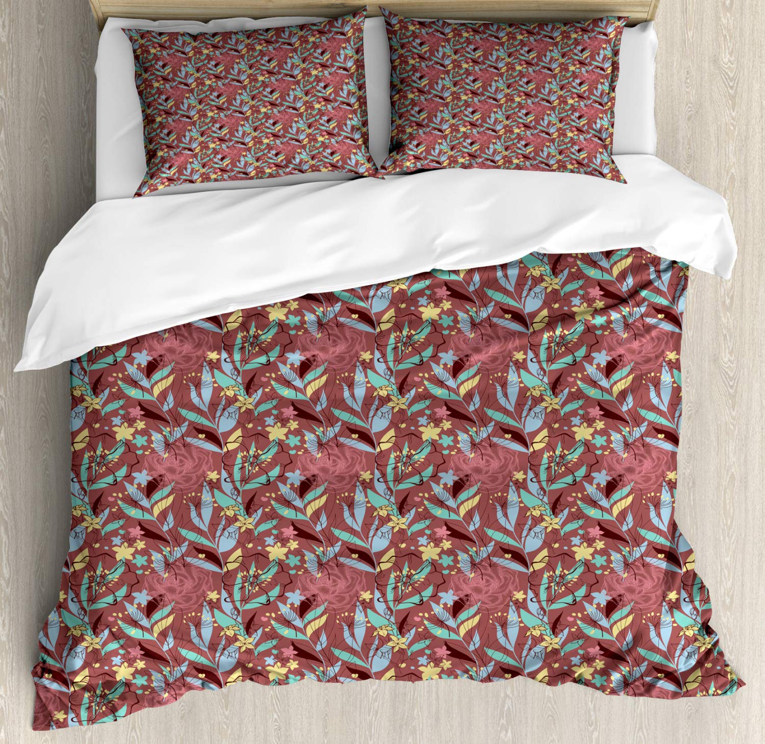 Ambesonne Floral Duvet Cover Set - Queen Size 2-Pack with 2 Duvet Covers & 4 Pillowcases | Colorful Gardening Bedding with Botanical Foliage Pattern | Nature Inspired Art for Bedroom Decor | Perfect for Spring Refresh, Guest Rooms & Cozy Home Makeovers