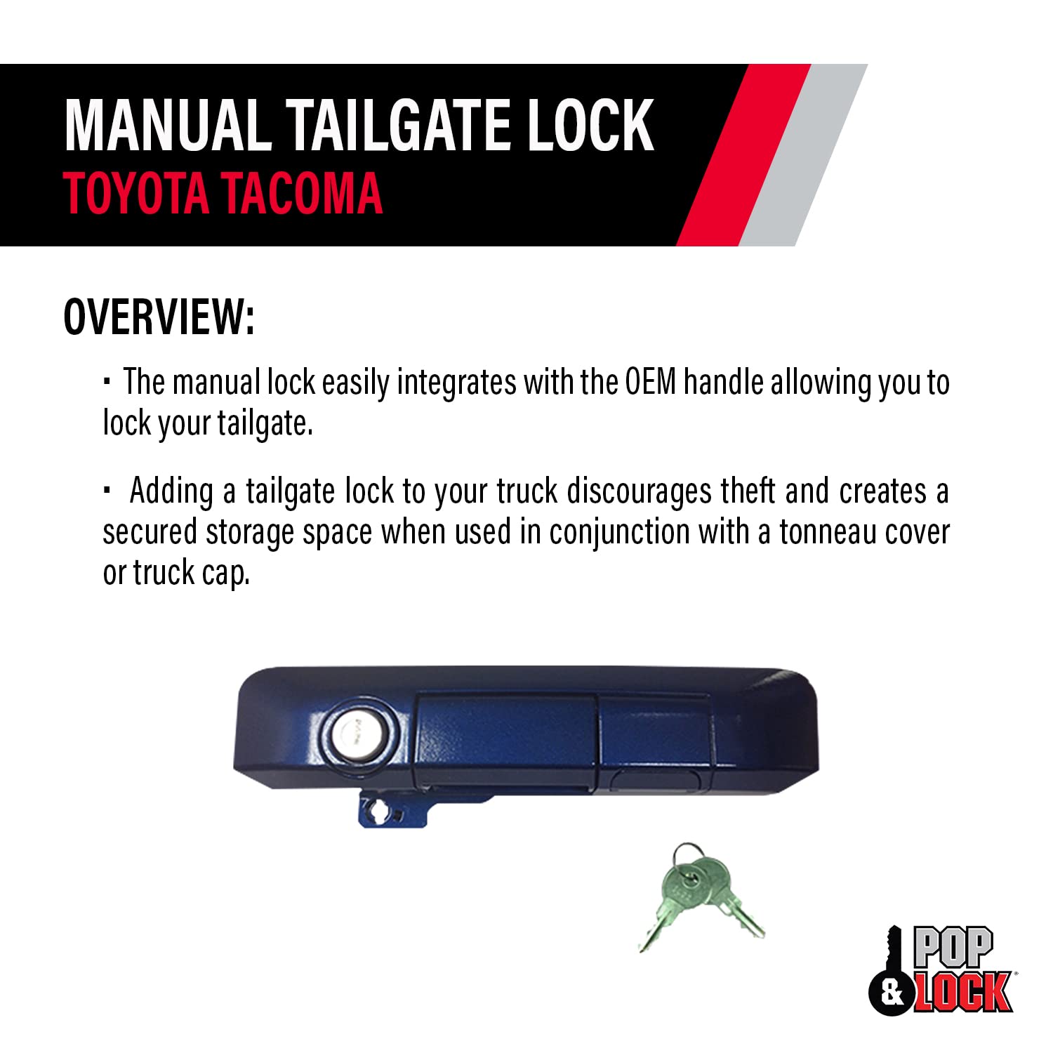 Pop & Lock PL5512 Blue Ribbon Metallic Manual Tailgate Lock for Toyota Tacoma (2005-2023) - Heavy Duty Truck Bed Security - Prevent Theft for Tools & Equipment