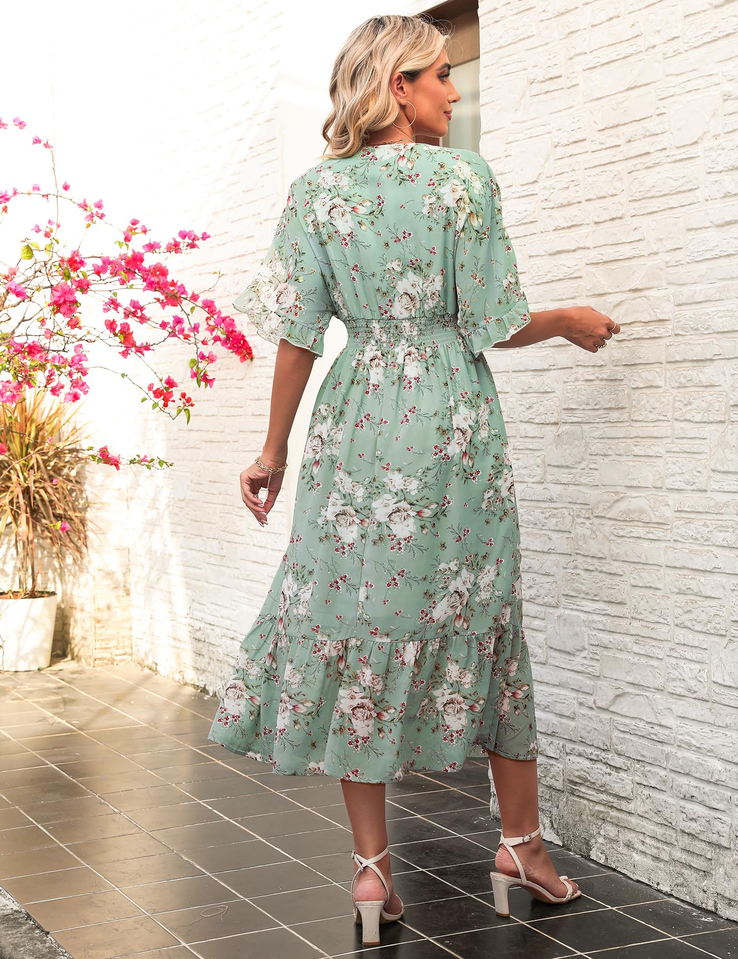 Women's Floral Midi Dress - A-Line Chiffon Boho Summer Dress with Short Sleeves | Beach Cover Up, Garden Party & Casual Outing Dress for Women 2025