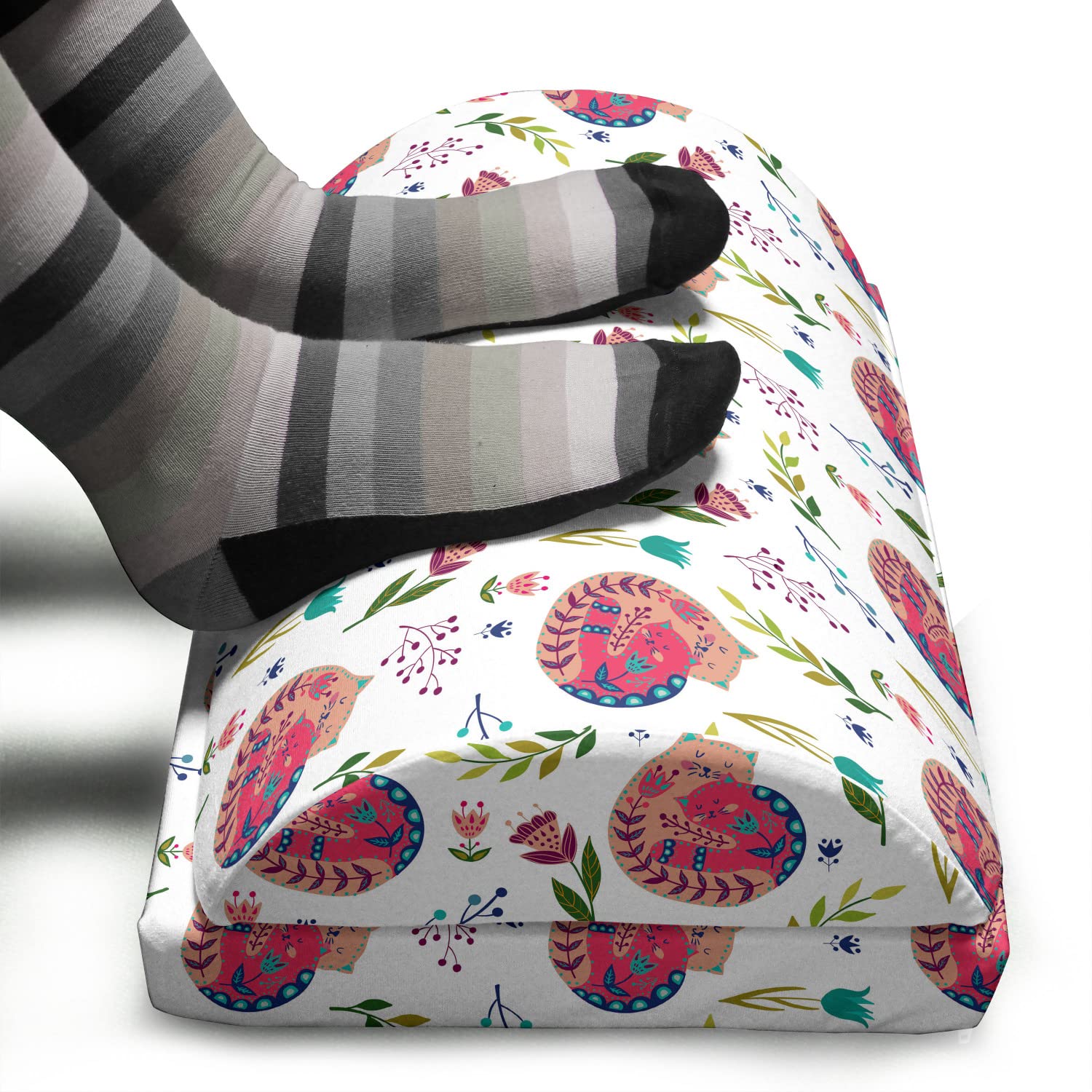 Ambesonne Cat Foot Rest - Adjustable Ergonomic Memory Foam Leg Support with Non-Slip Backing, Scandinavian Style Kitten Family Design with Berries & Flowers on White Multicolor Background - Perfect for Office, Home & Gaming Setup to Reduce Leg Fatigue