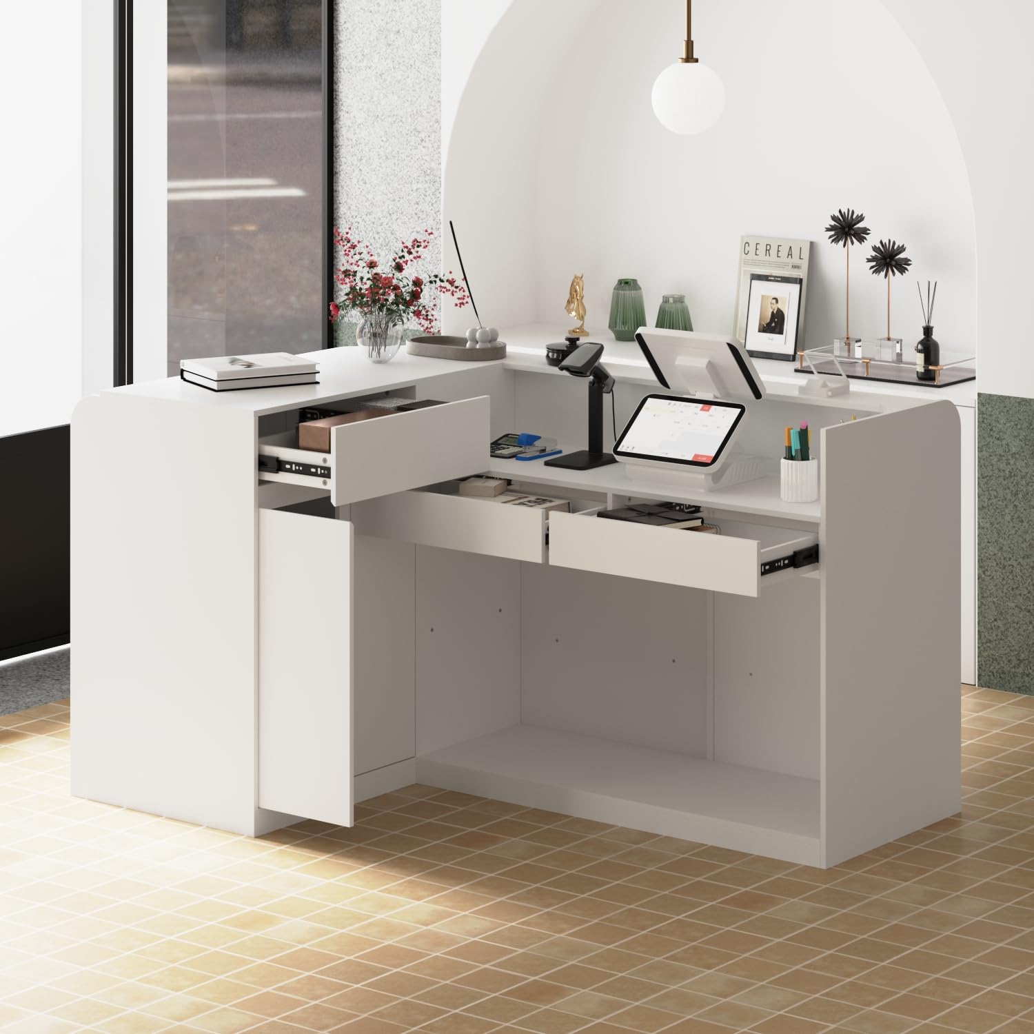 L-Shaped Reception Desk with 3 Drawers & Display Shelves - White Retail Checkout Counter for Shops, Salons & Offices - Perfect for Customer Service, POS Transactions & Waiting Areas
