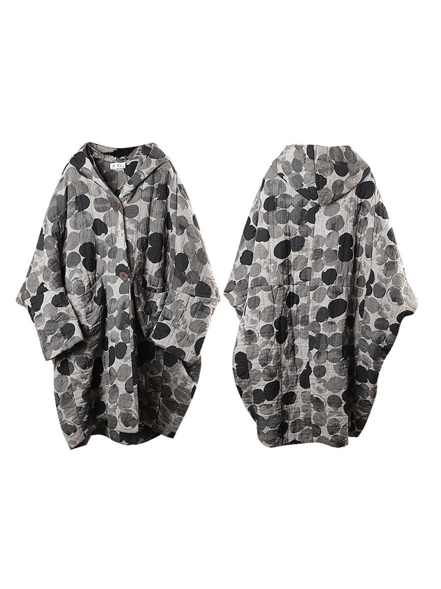 Vintage Ink Dot Pattern Hooded Loose Overcoat - Stylish Retro Coat for Women & Men, Perfect for Casual Outings, Fall & Winter Fashion