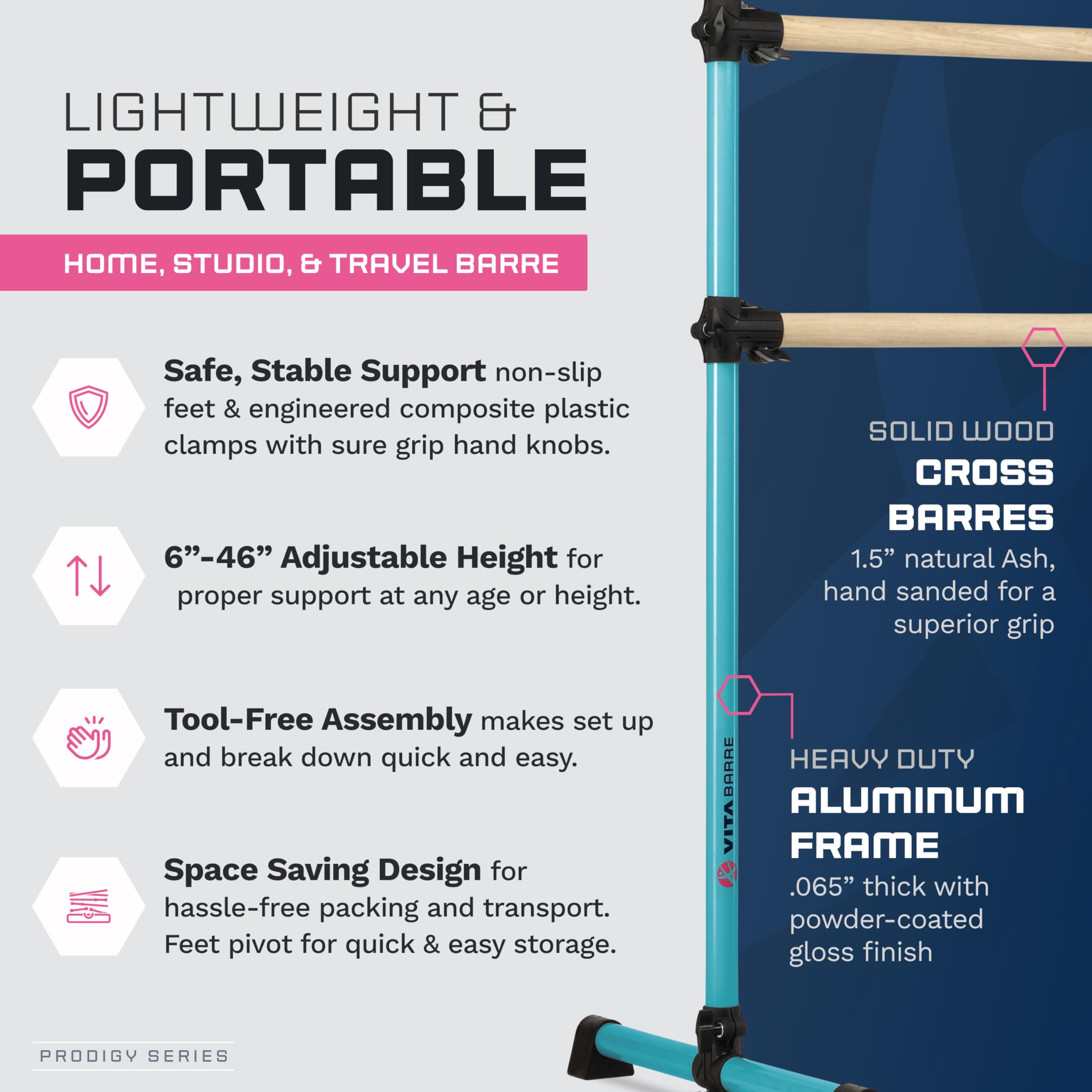 VITA Barre Portable Freestanding Double Ballet Barre - Adjustable Height (32