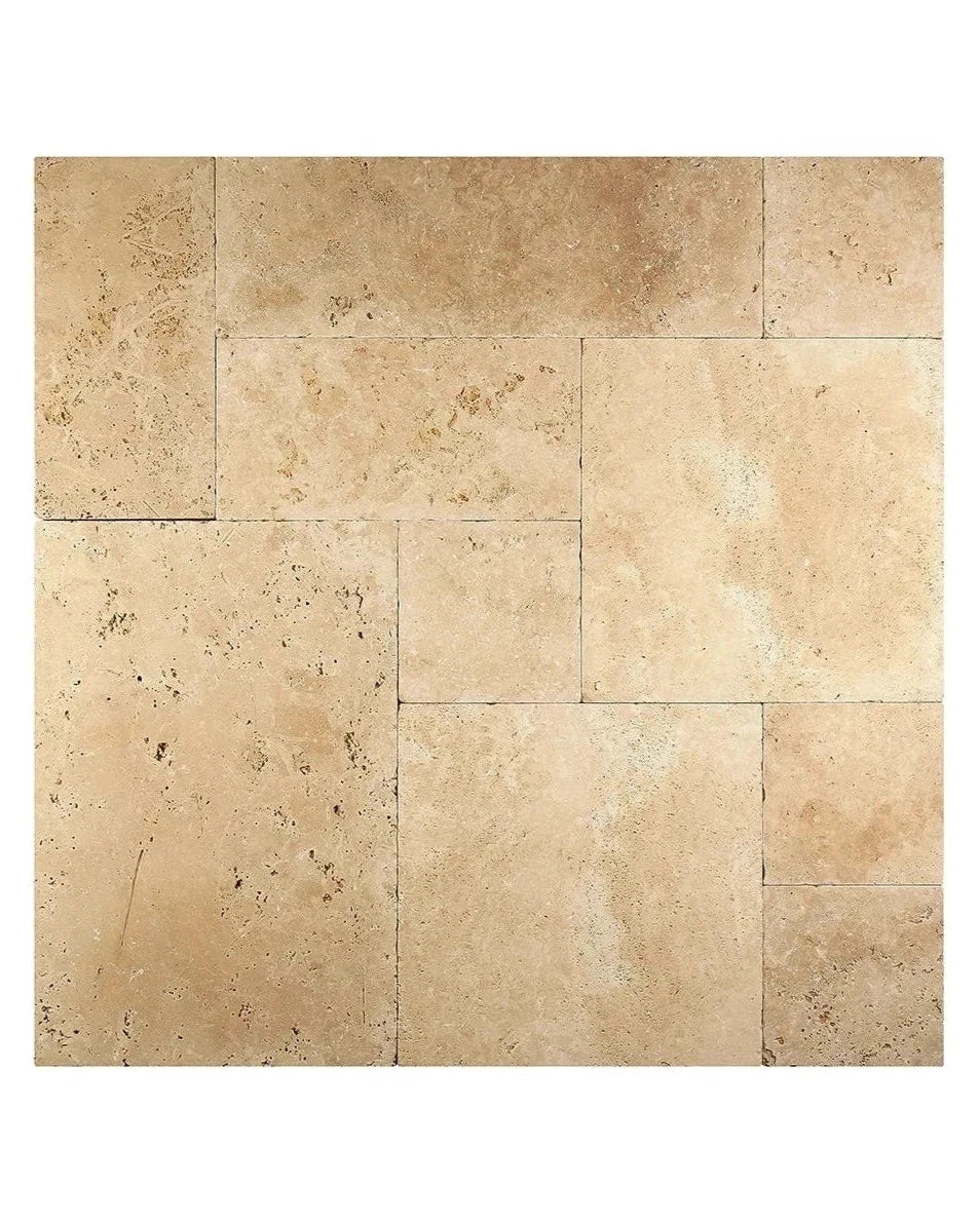 Ivory Travertine Versailles Pattern Tile Set – Chiseled Edge & Brushed Finish for Bathroom, Kitchen & Flooring – Natural Stone Mosaic Tile for Home Renovation & Interior Design