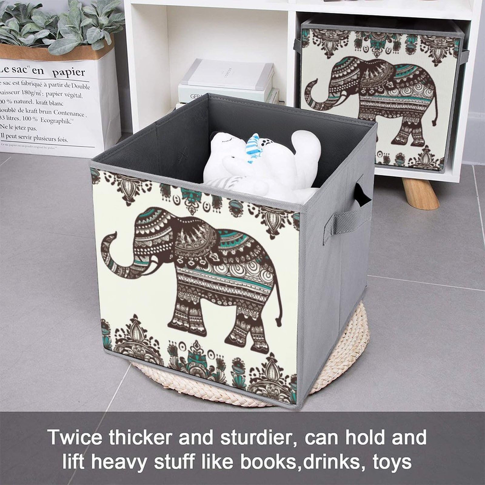Bohemian Elephant Pattern Collapsible Storage Bins 6-Pack - Large Woven Storage Baskets with Handles for Closet, Bedroom & Nursery Organization - Perfect for Clothes, Toys, Blankets & Home Decor Storage