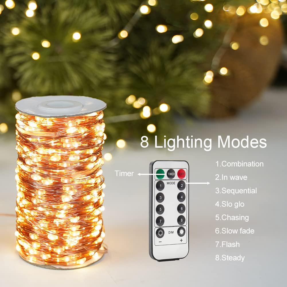 600 LED 200FT Warm White Plug-in Fairy Lights - Waterproof Copper Wire String Lights with Remote for Christmas Tree, Bedroom, Porch, Patio, Garden, Wedding & Party Decor | Indoor & Outdoor Use