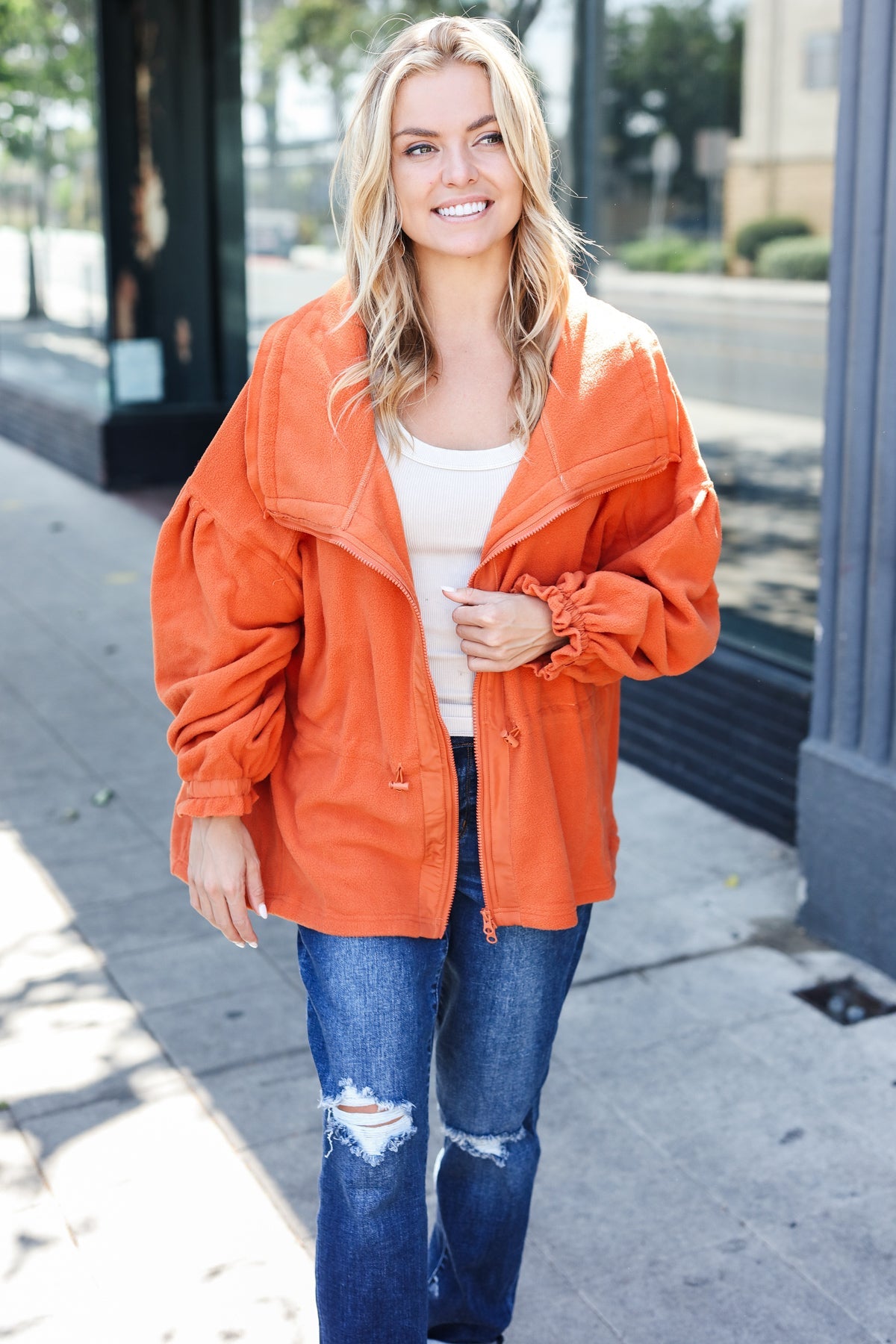 Stylish Rust Cinched Waist Zip-Up Fleece Jacket for Women | Cozy Winter Outerwear | Perfect for Hiking, Camping & Casual Outfits