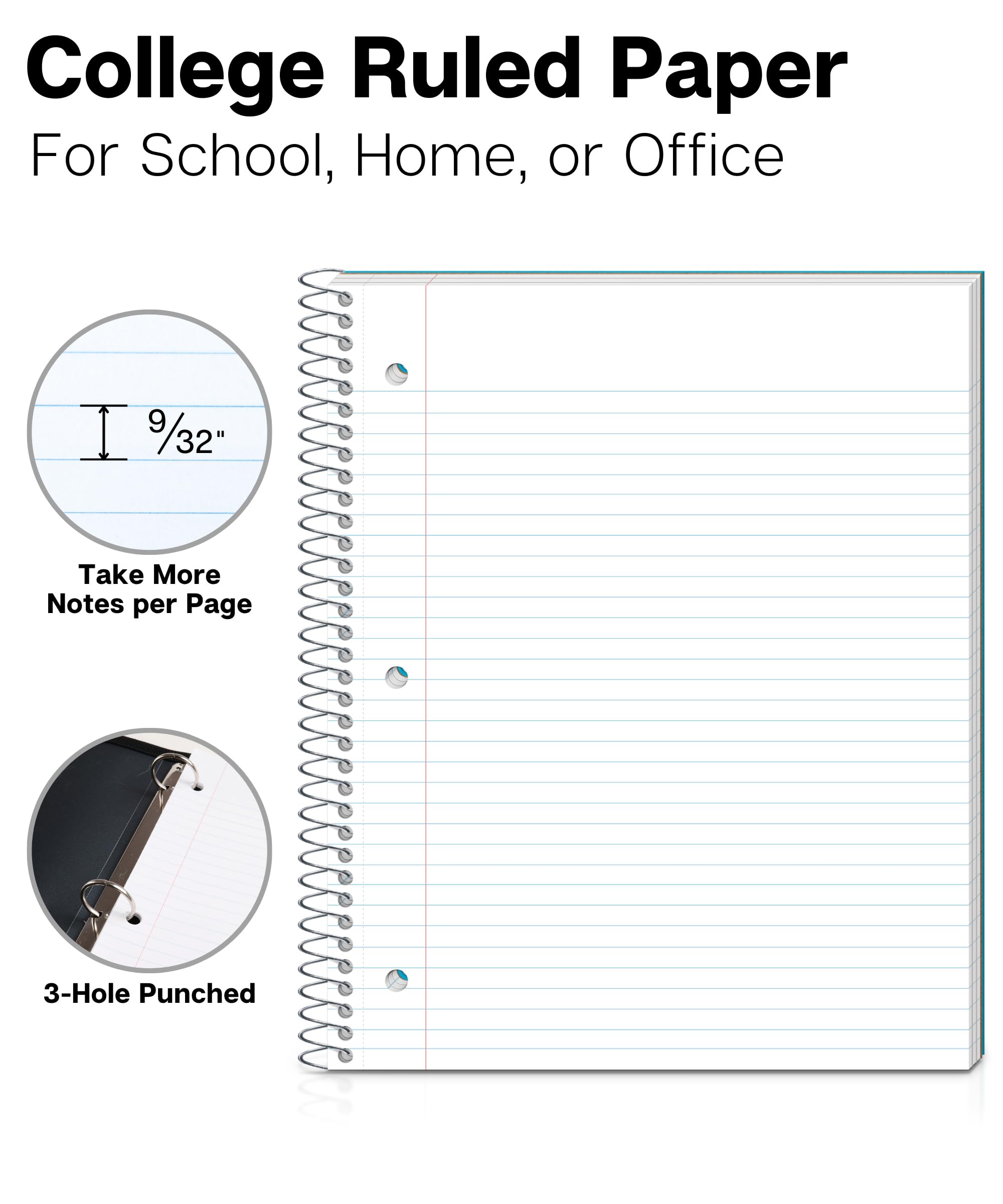 Dunwell 3 Subject Spiral Notebook - College Ruled, 150 Sheets (300 Pages), 8.5 x 11 Inches, Durable Plastic Cover, 3 Pocket Dividers & 3-Hole Punched Paper - Perfect for School, Office & Note Taking