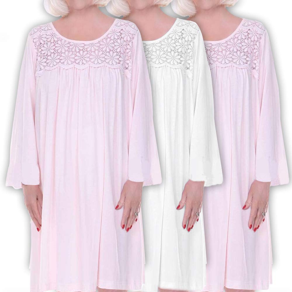 Women's 3-Pack Open Back Nightgown - Soft Cotton Long Sleeve Lace Trim Hospital Gown in Pink - Comfortable for Bedridden Patients, Post-Surgery Recovery & Maternity Care