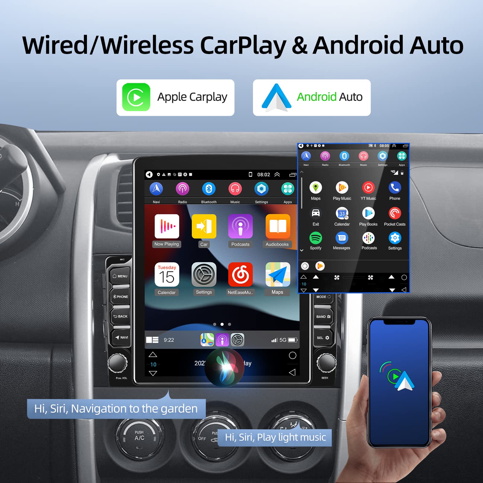 2G+64G Android 13 Vertical Double Din Car Stereo with Wireless/Wired CarPlay & Android Auto - 9.7