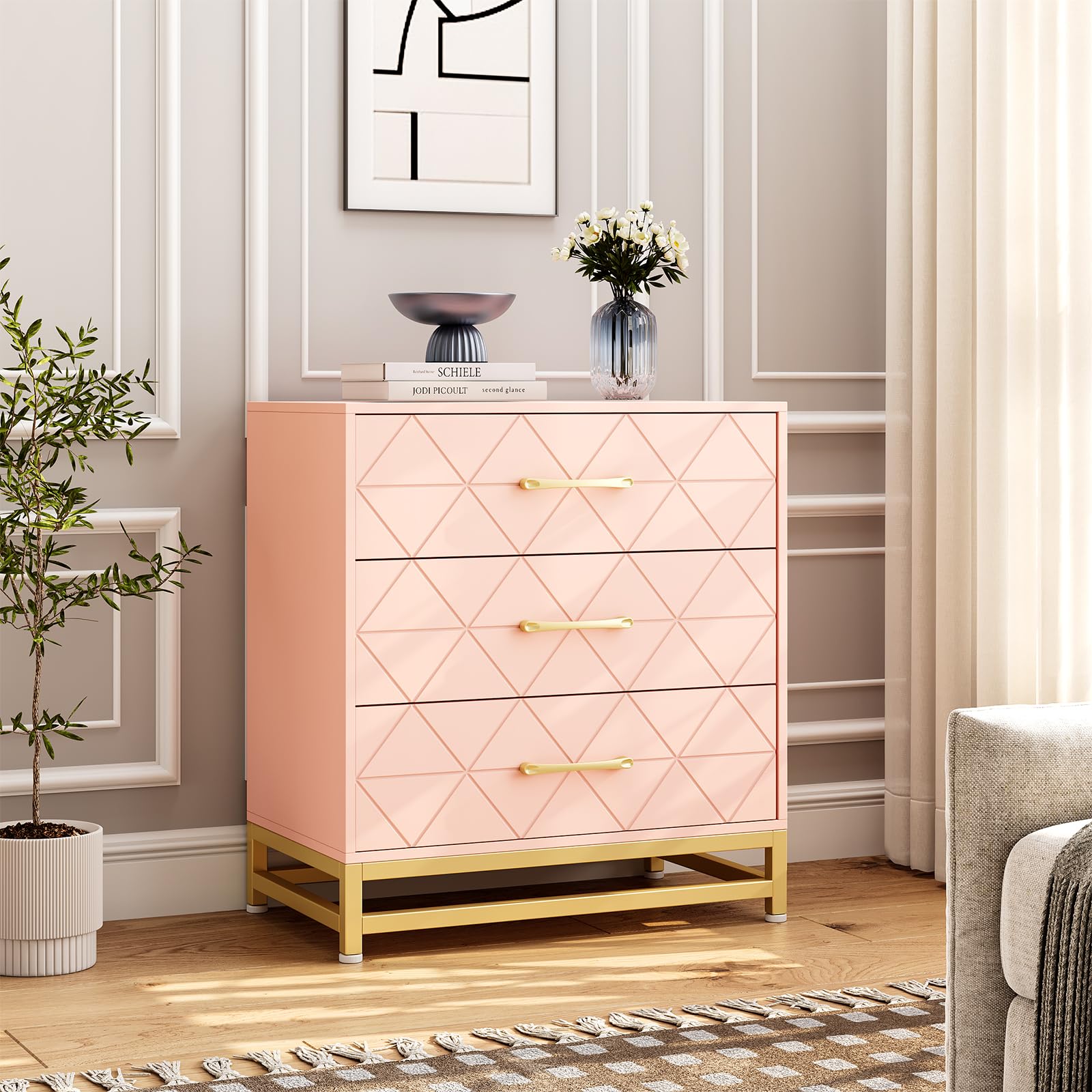 Modern Pink Wooden 3-Drawer Dresser with Gold Handles - Bedside Storage Cabinet for Bedroom, Nursery & Small Spaces - Compact Triple Dresser for Clothes, Accessories & Home Organization