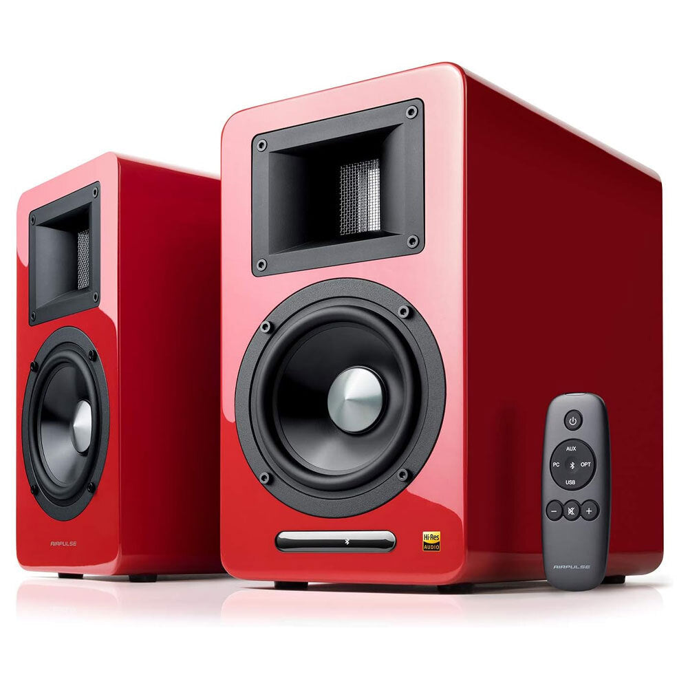 Airpulse A100 Wireless Active Bookshelf Speakers - HiFi Bluetooth 5.0 Studio Monitor (Red) for Home Audio, Gaming & Music Streaming
