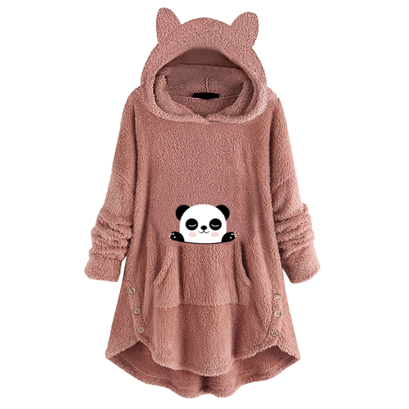 Women's Cute Cat Print Fleece Hoodie with Button - Long Sleeve Pullover with Pockets & Hood for Casual Wear, Winter Outfits & Lounge Comfort
