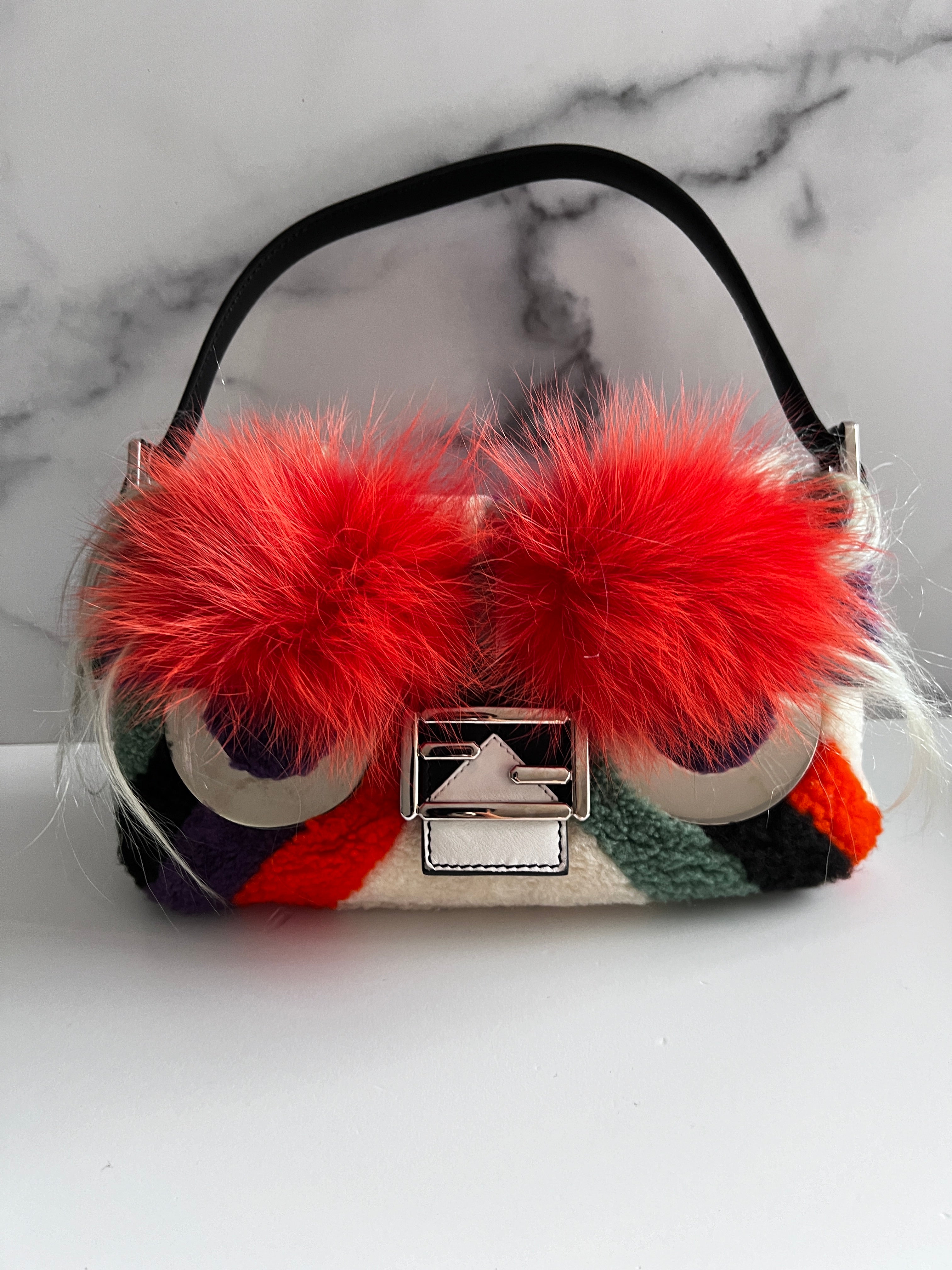 Fendi Angry Bird Shearling Baguette Crossbody Bag with Adjustable Long Strap - Stylish Luxury Handbag for Women, Perfect for Daily Use & Evening Outings