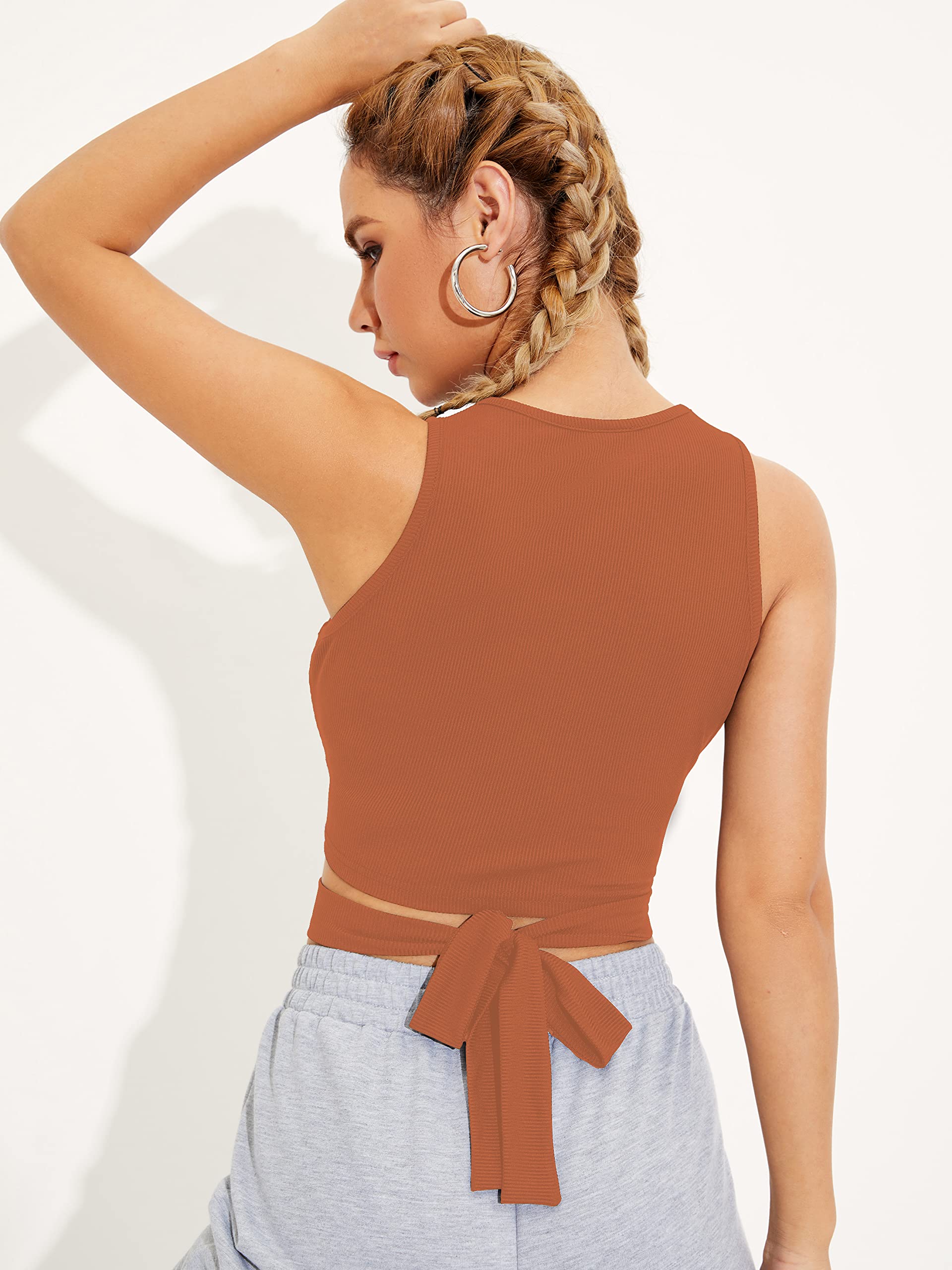 Shasmi Women's & Girls' Ribbed Sleeveless Tank Top - Slim Fit Round Neck Collarless Lace-Up Design (TOP 45) | Casual Summer Wear, Layering Piece, Gym & Yoga Outfit