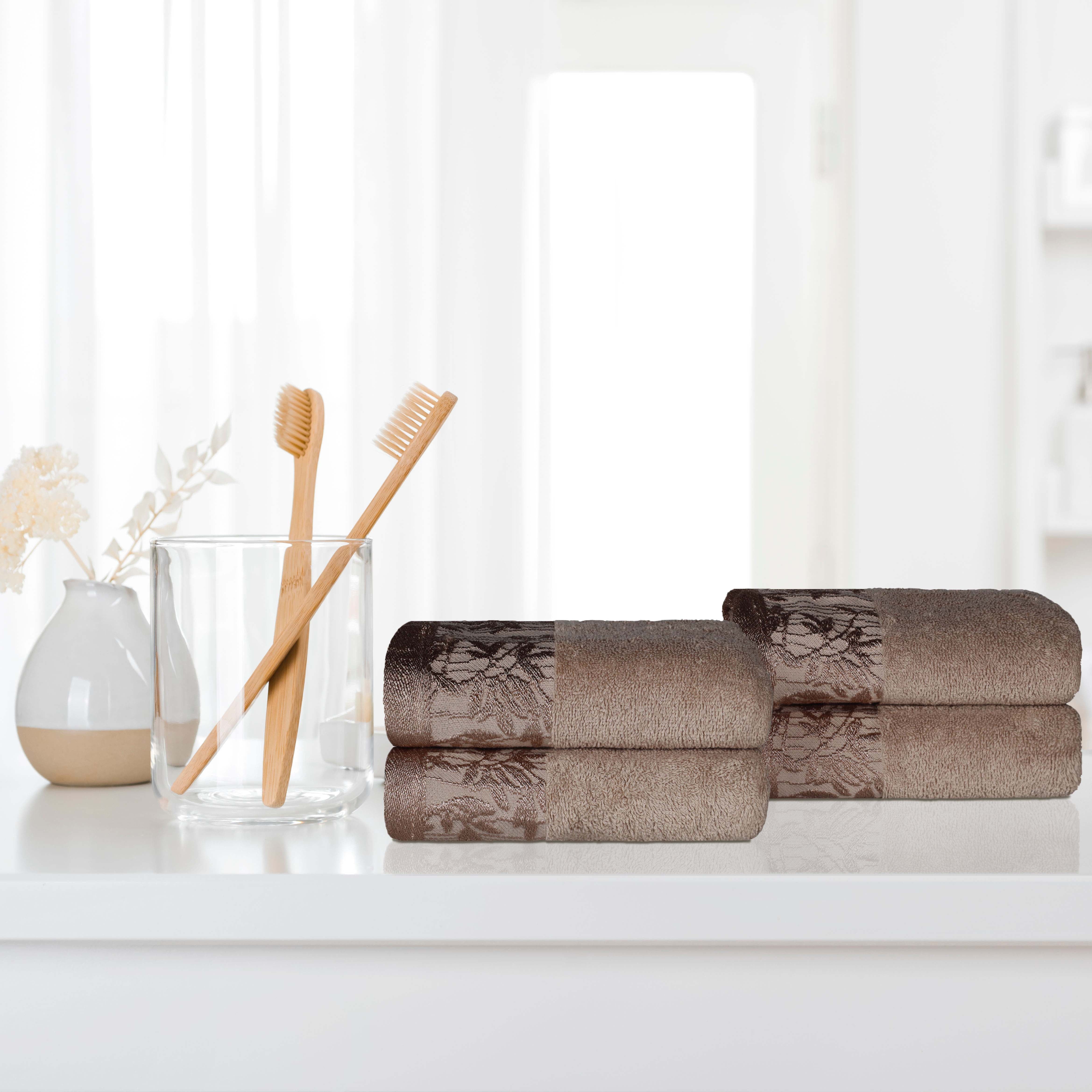 Premium Wisteria Cotton Floral Embroidered Jacquard Border Hand Towels - Set of 4 | Soft Absorbent Bathroom & Kitchen Towels for Guest Bath, Powder Room, and Luxury Home Decor