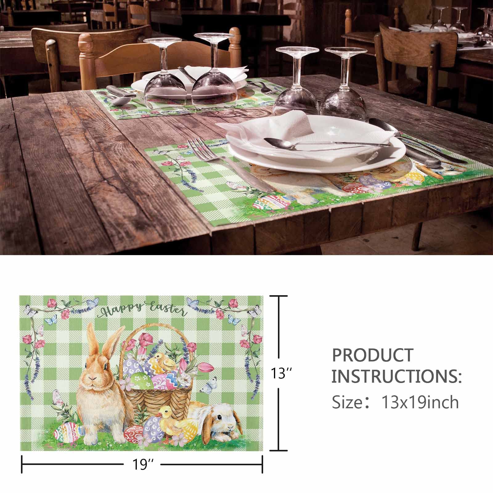 Easter Basket Placemats Set of 6 - Waterproof Buffalo Plaid Table Mats for Dining & Kitchen - Bunny Egg Floral Spring Decor - Wipeable Easter Table Decorations for Holiday Parties & Family Gatherings