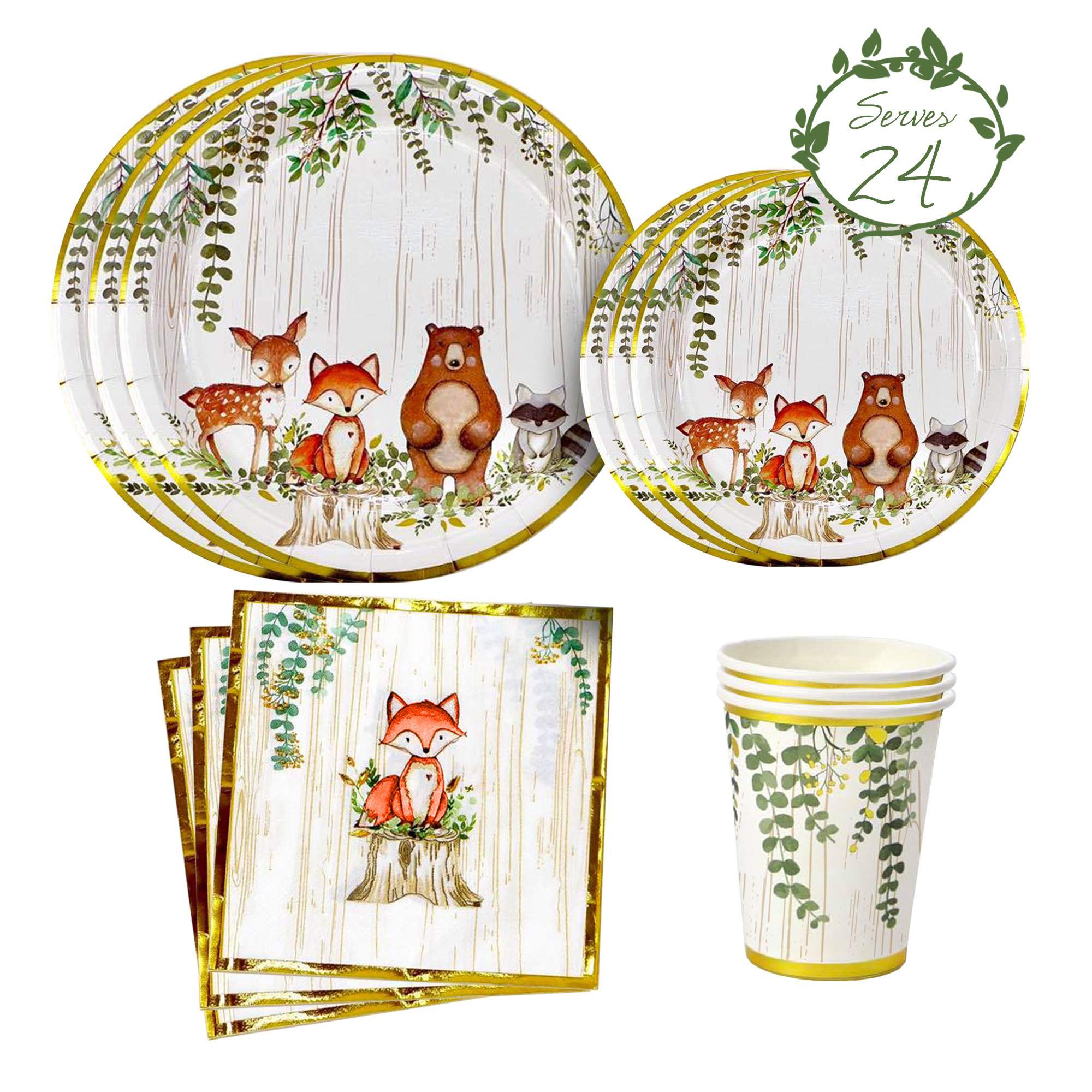 YARA Woodland Plates, Cups & Napkins Set for 24 Guests with Baby Shower Decorations - Perfect for Baby Showers, Birthday Parties & Themed Events