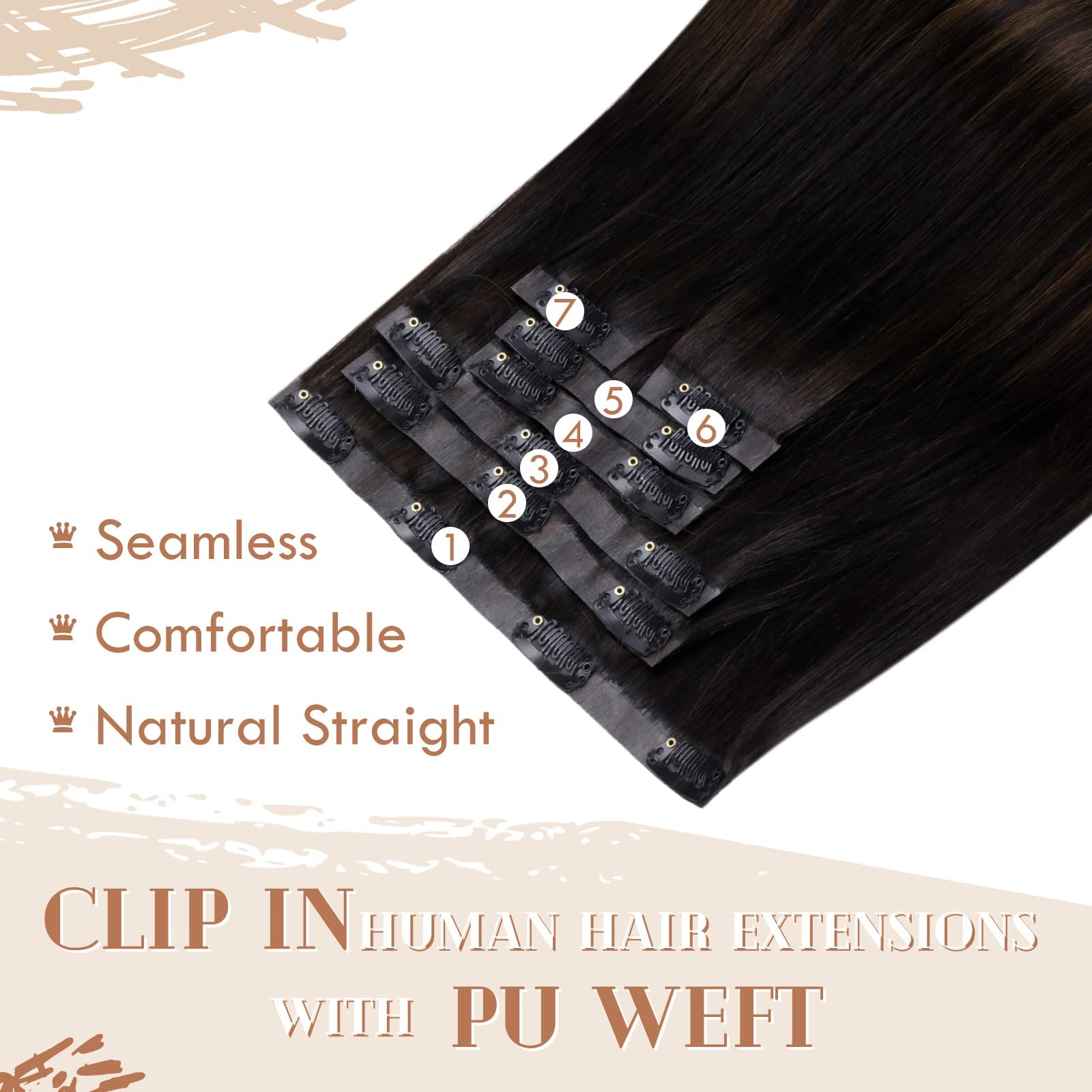 Vivien Clip-in Human Hair Extensions 22 Inch - Balayage Brown Ombre Long Straight Hair - 7pcs 135g Seamless Soft PU Weft for Natural Volume & Length | Perfect for Parties, Weddings & Daily Styling