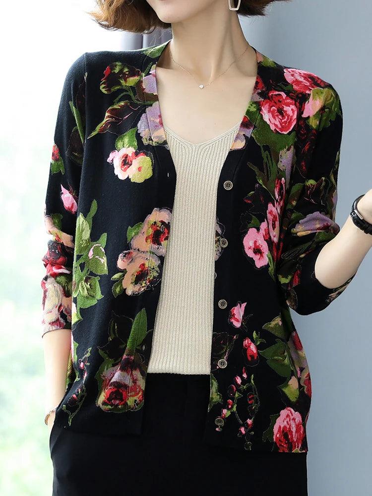 Women's Floral Print Cardigan - Casual Long Sleeve Knitwear | Single Breasted Autumn Cardigan | Soft & High Quality | Perfect for Fall Layering, Office Wear & Coffee Dates