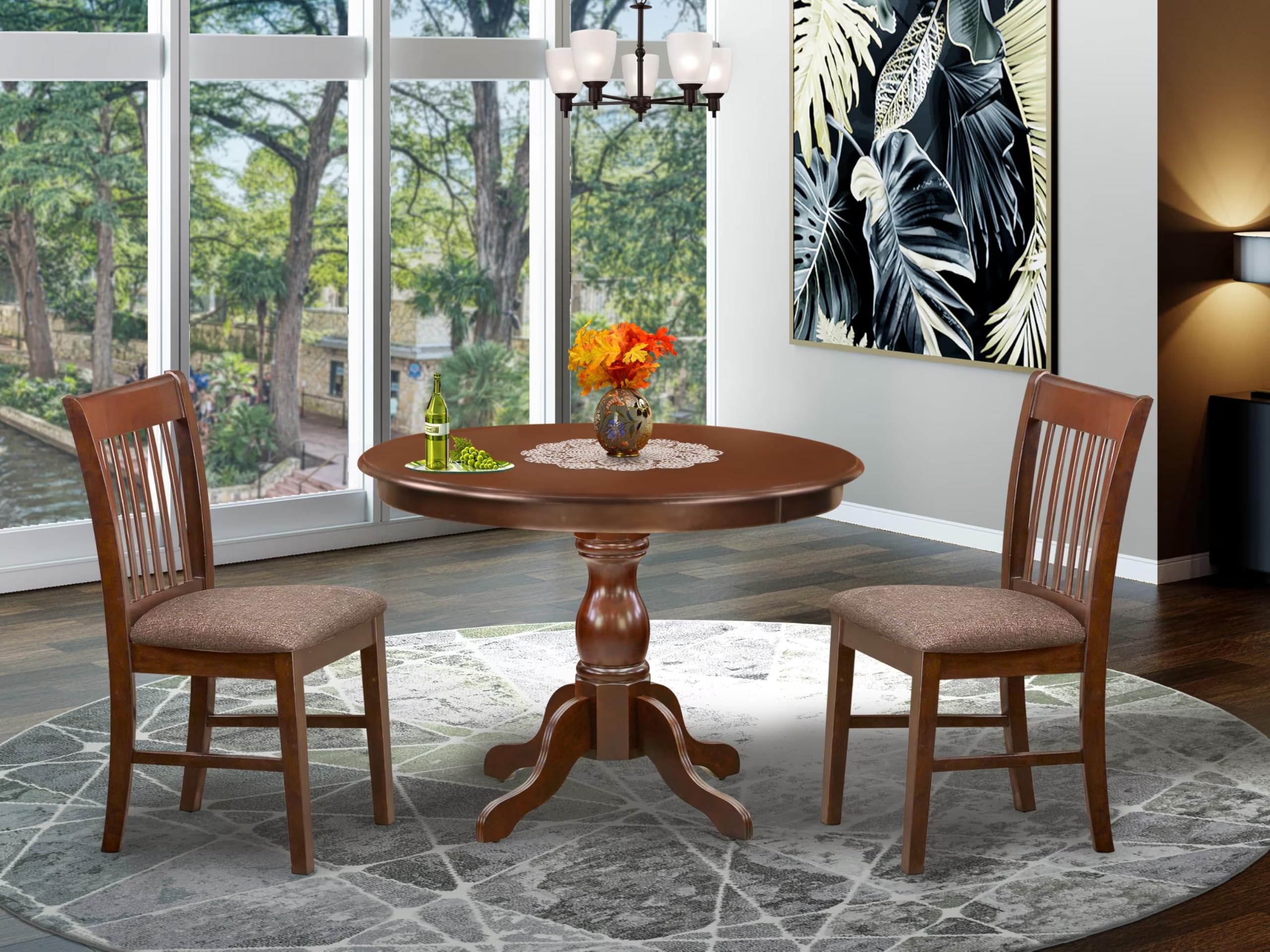 East West Furniture HBNF3-MAH-C 3-Piece Round Dining Table Set with Pedestal Base & 2 Upholstered Chairs, 42x42 Inch Mahogany - Perfect for Small Kitchen, Breakfast Nook or Apartment Dining Area