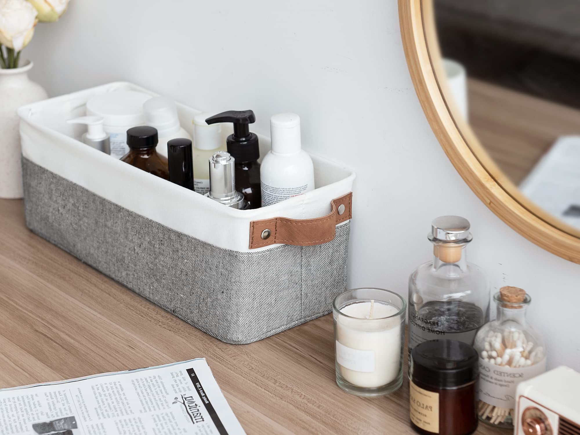 Narrow Storage Bins with Handles - Small Fabric Baskets for Shelves | Home Organization