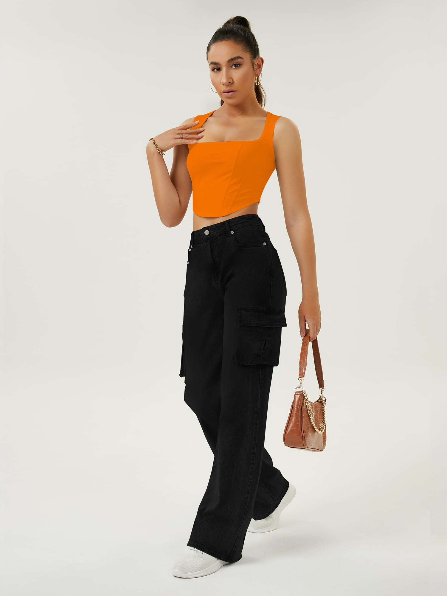 Women's High Waisted Cargo Jeans - 6 Pocket Straight Wide Leg Baggy Pants for Casual Wear | Street Style, Work & Everyday Comfort
