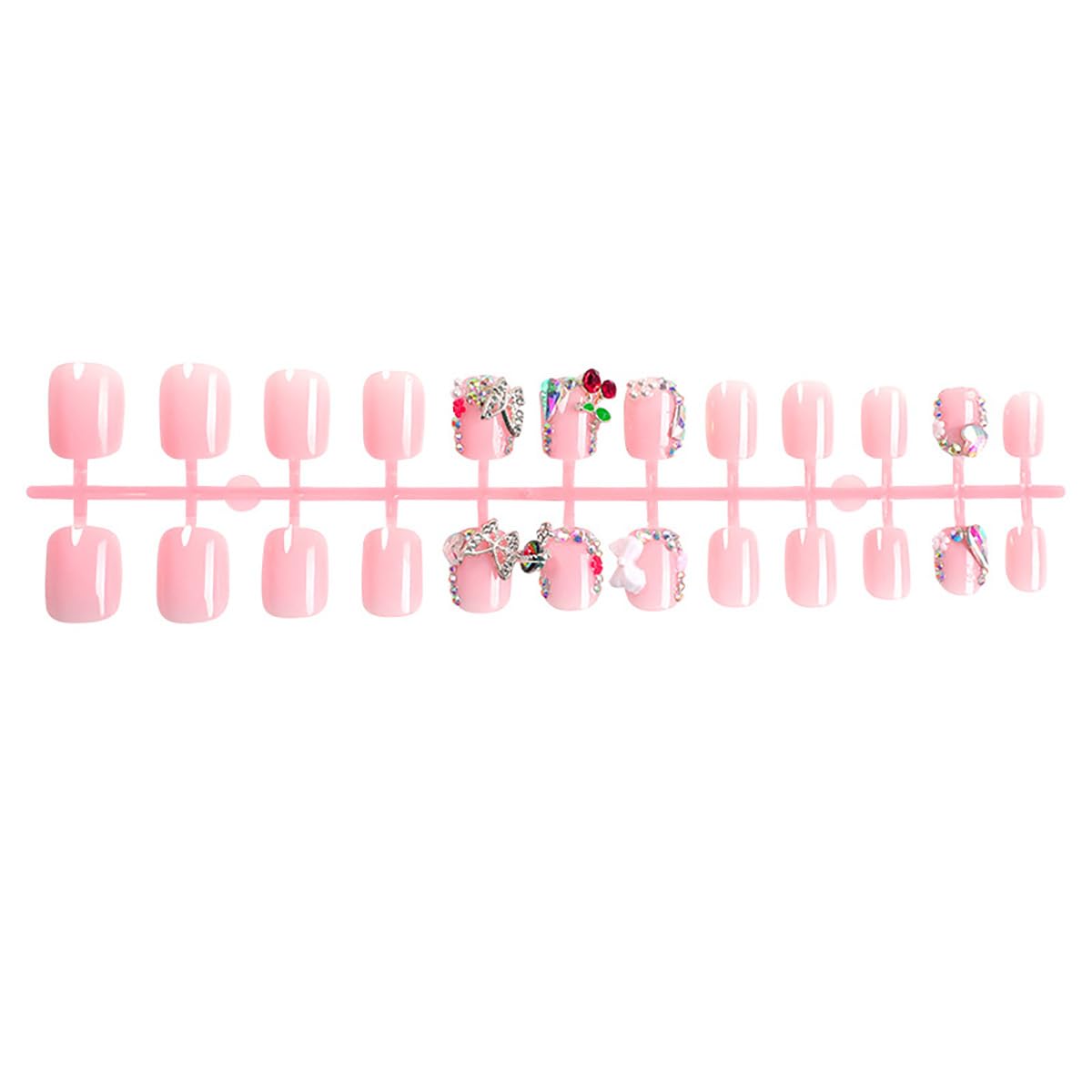 24Pcs Short Square Press on Nails with 3D Bow Charms - Pink Fake Nails with Butterfly Flower Designs, Rhinestones & Glossy Finish | Full Cover French Acrylic Nail Tips for Women | Perfect for Parties, Weddings & Everyday Wear