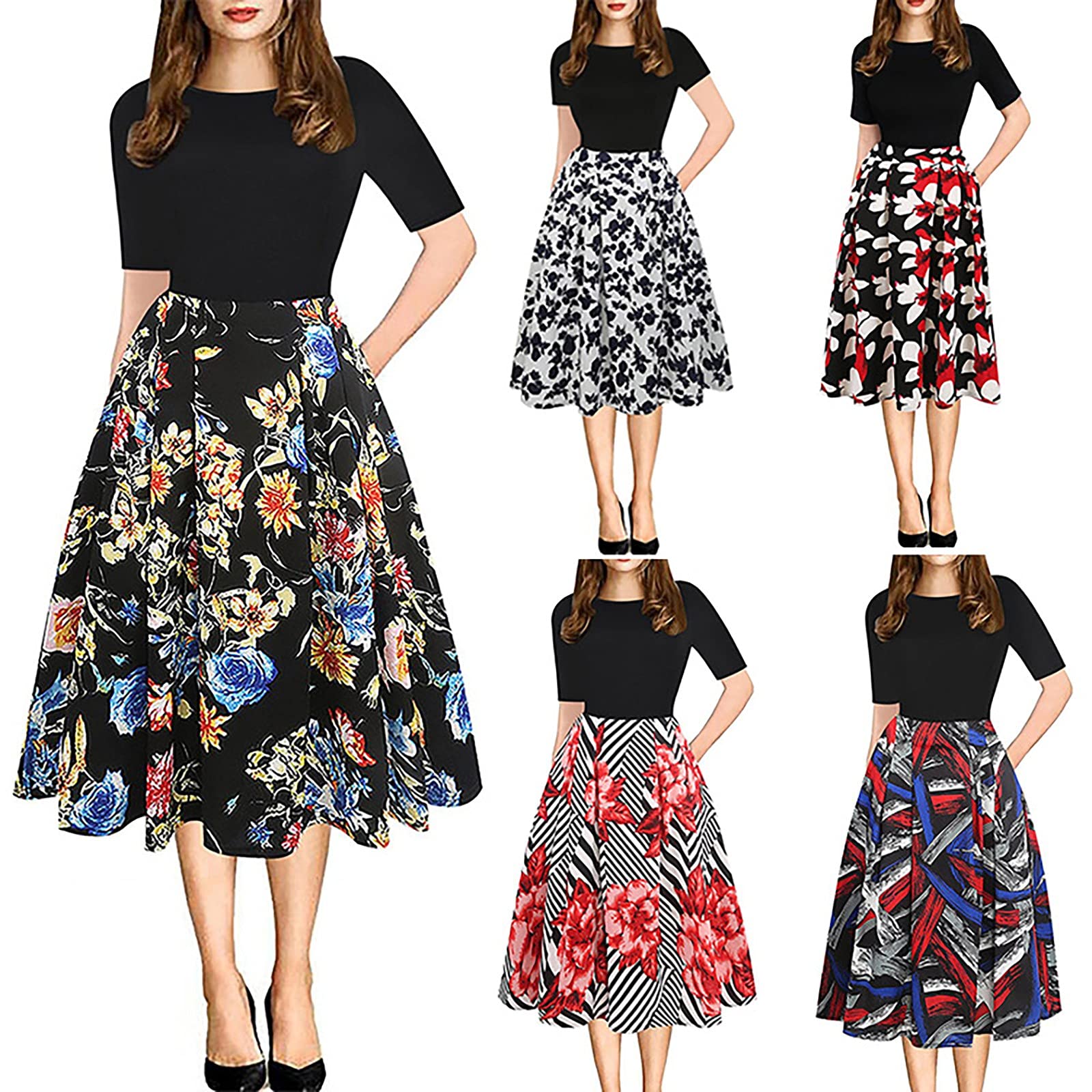 LINKIOM Women's Summer Fashion Princess Dress - Short Sleeve Floral Print Hem Casual Sundress for Beach, Party & Vacation