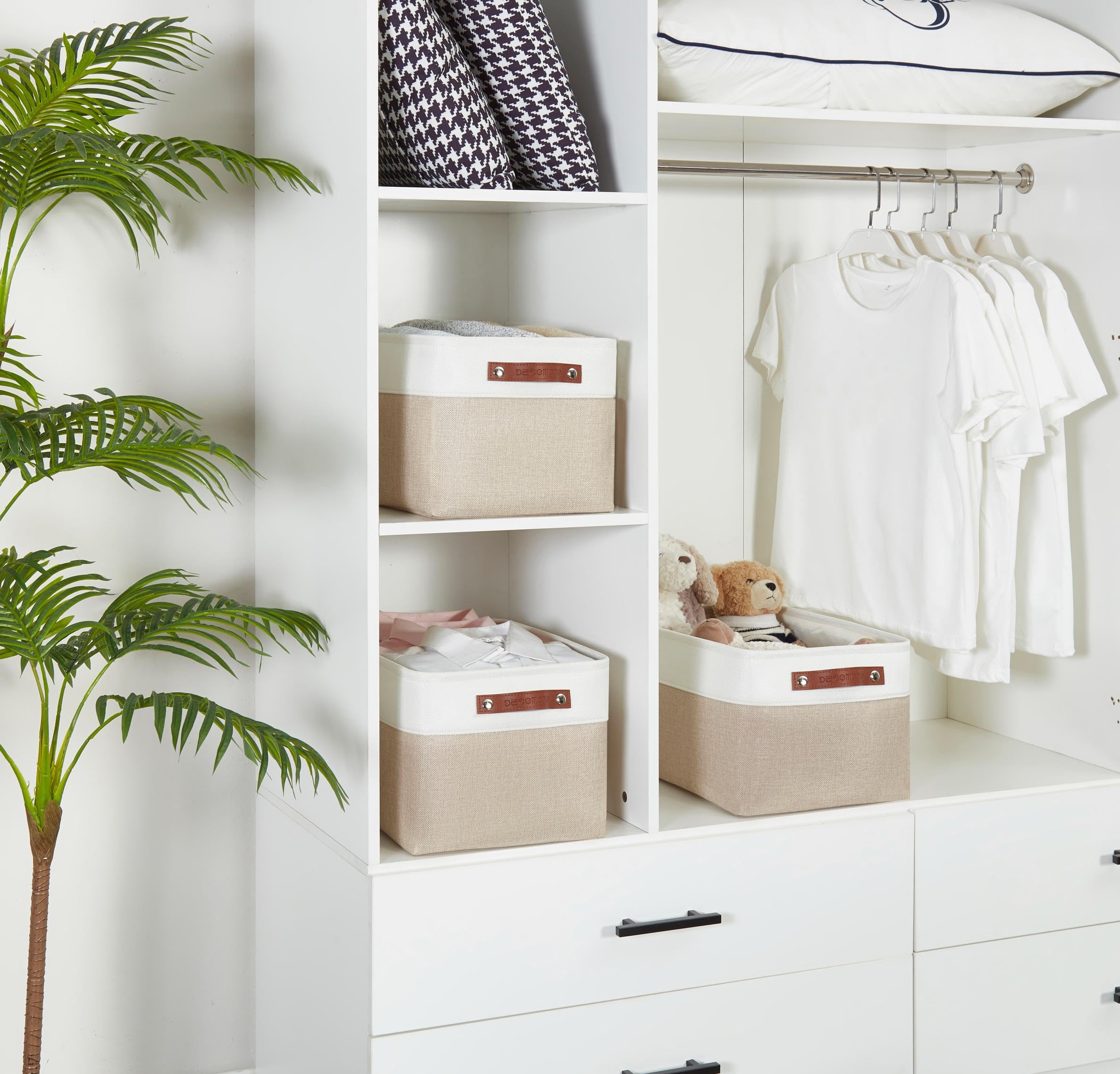 DECOMOMO Fabric Storage Bins - Extra Large 3-Pack Beige & White Closet Organizer Baskets for Shelves, Toys, Nursery, and Linen Closet Organization | Perfect for Home, Office, and Kids Room Storage Solutions