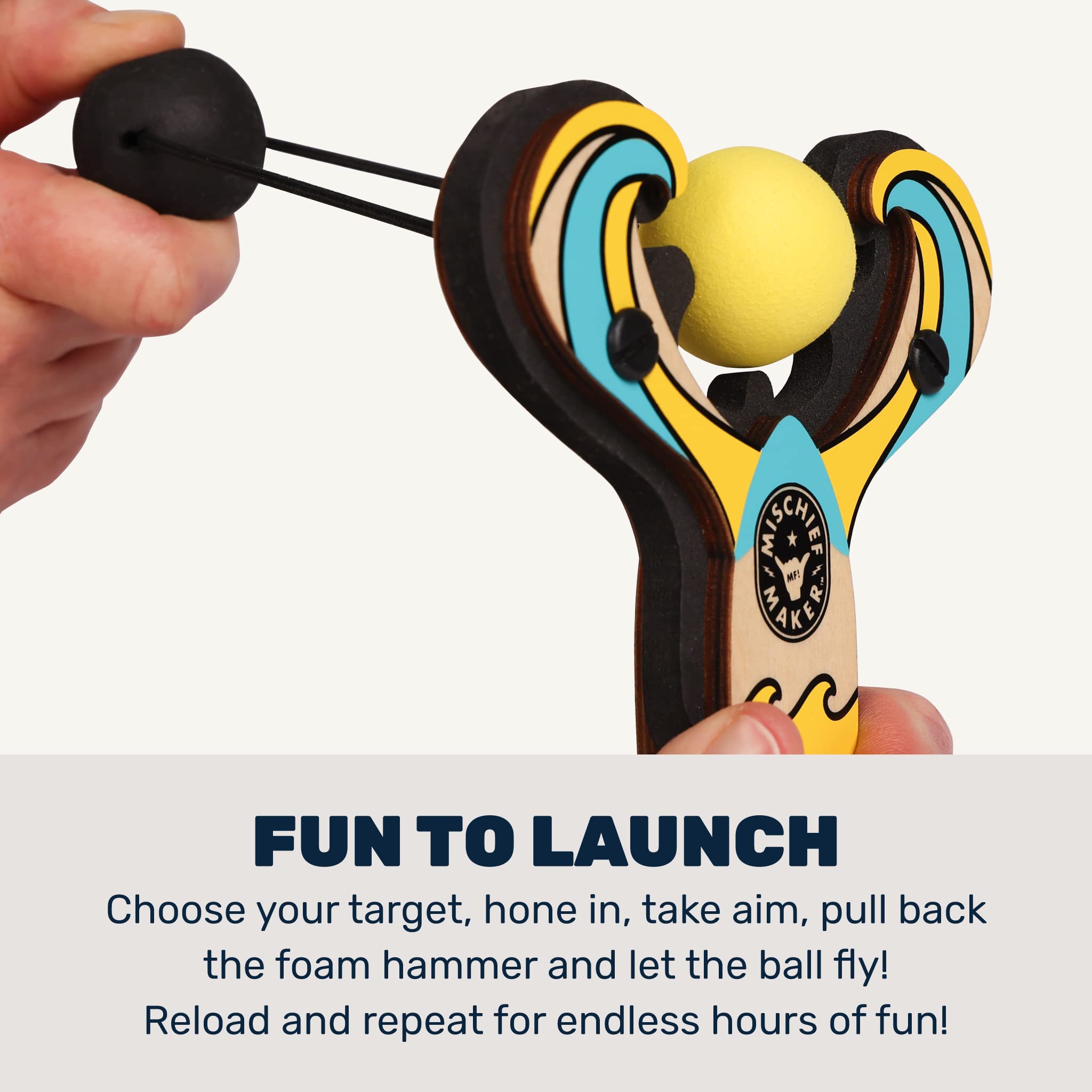 Mischief Maker® Wooden Slingshot - Surf’s Up Series - Real Wood Kids Slingshot with 4 Soft Foam Balls & Storage Bag - Outdoor Toys for Boys Girls Ages 4+ - Perfect for Backyard Games, Beach Fun and Camping Activities