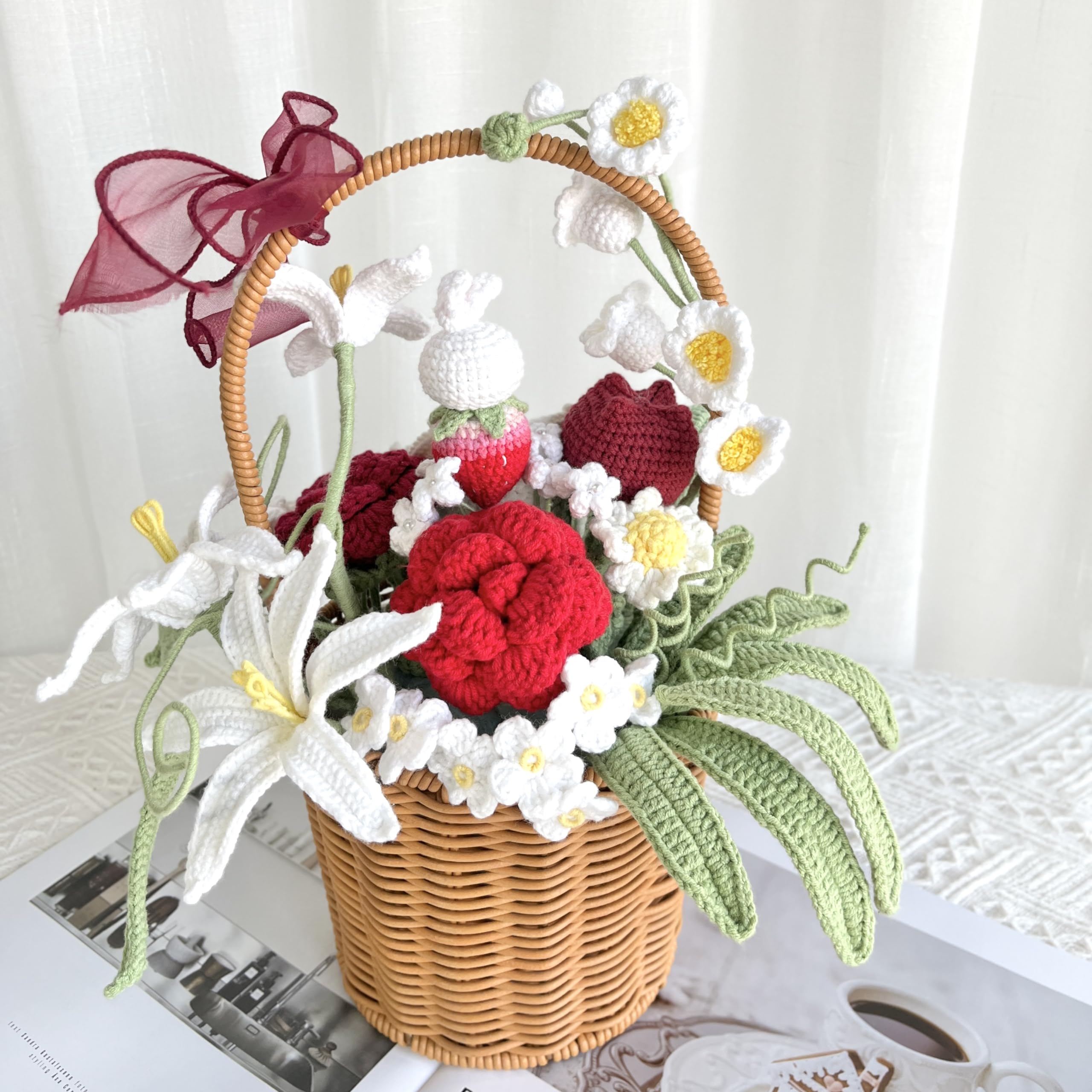 JOMODECOR Handmade Crochet Flower Basket - Artificial Potted Flowers with Strawberry, Bunny, Daisy, Tulip & Rose - Perfect Gift for Girlfriend, Mom & Women - Home Office Desk & Bedroom Decor (Red) - Ideal for Wedding Centerpieces, Baby Showers & Spring Home Decor