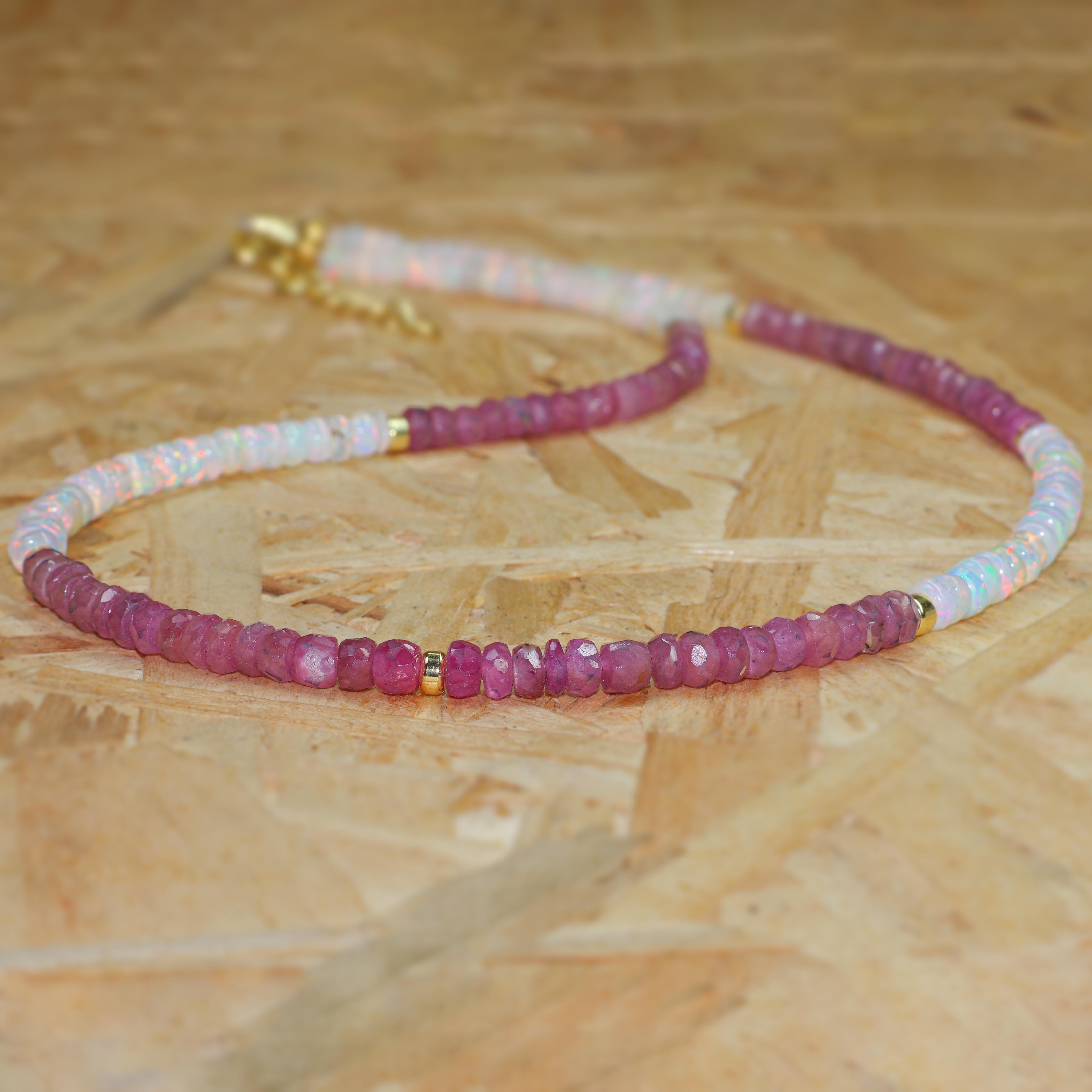 Natural Ruby & White Opal Beaded Necklace for Women - Handmade Gemstone Jewelry for Wedding, Party & Special Occasions