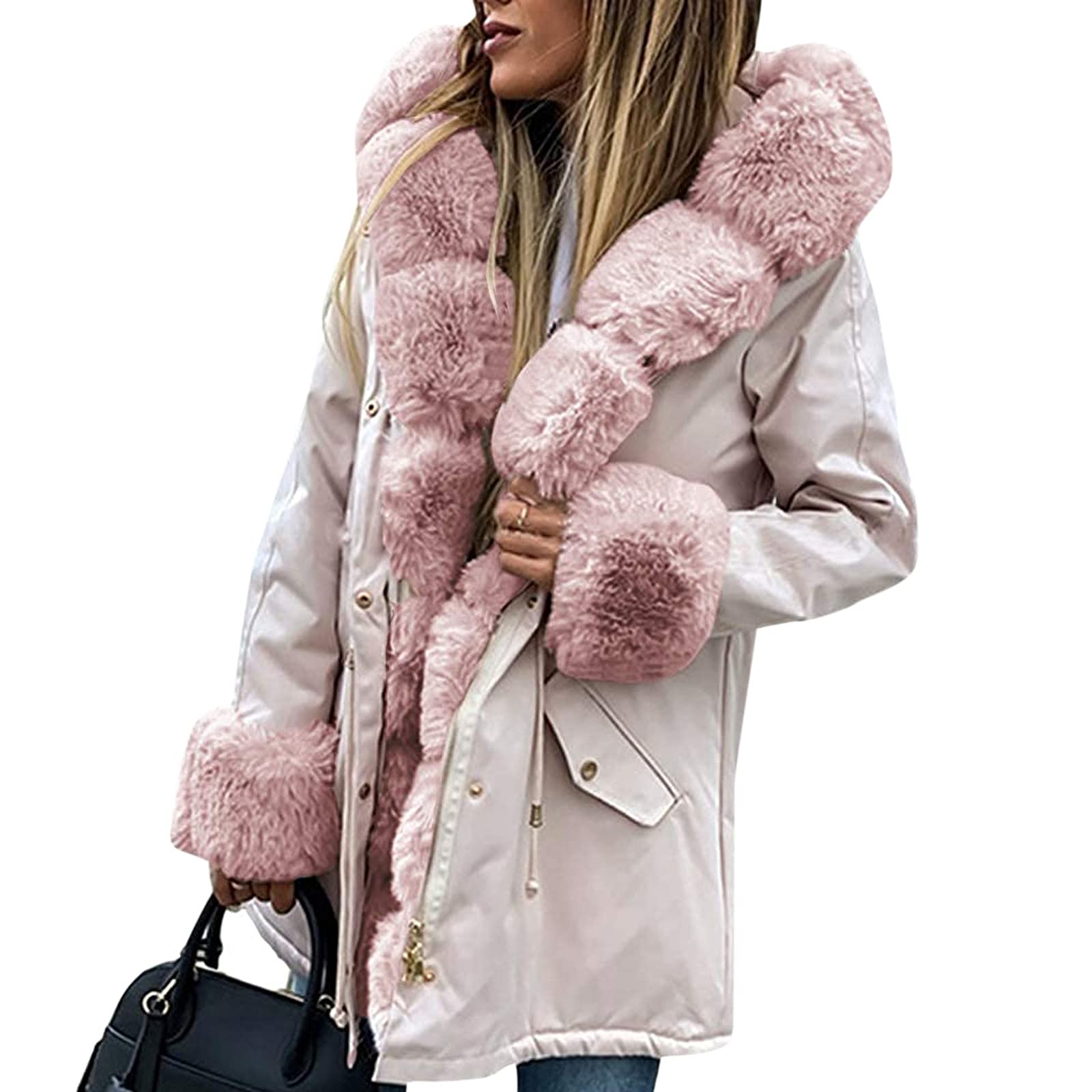 Women's Fashion Faux Fur Hooded Winter Coat - Fleece Lined Drawstring Padded Jacket with Zipper, Slim Fit Snow Suit for Cold Weather (Beige, XXXL) | Perfect for Winter Outdoor Activities, Snowboarding & Casual Wear