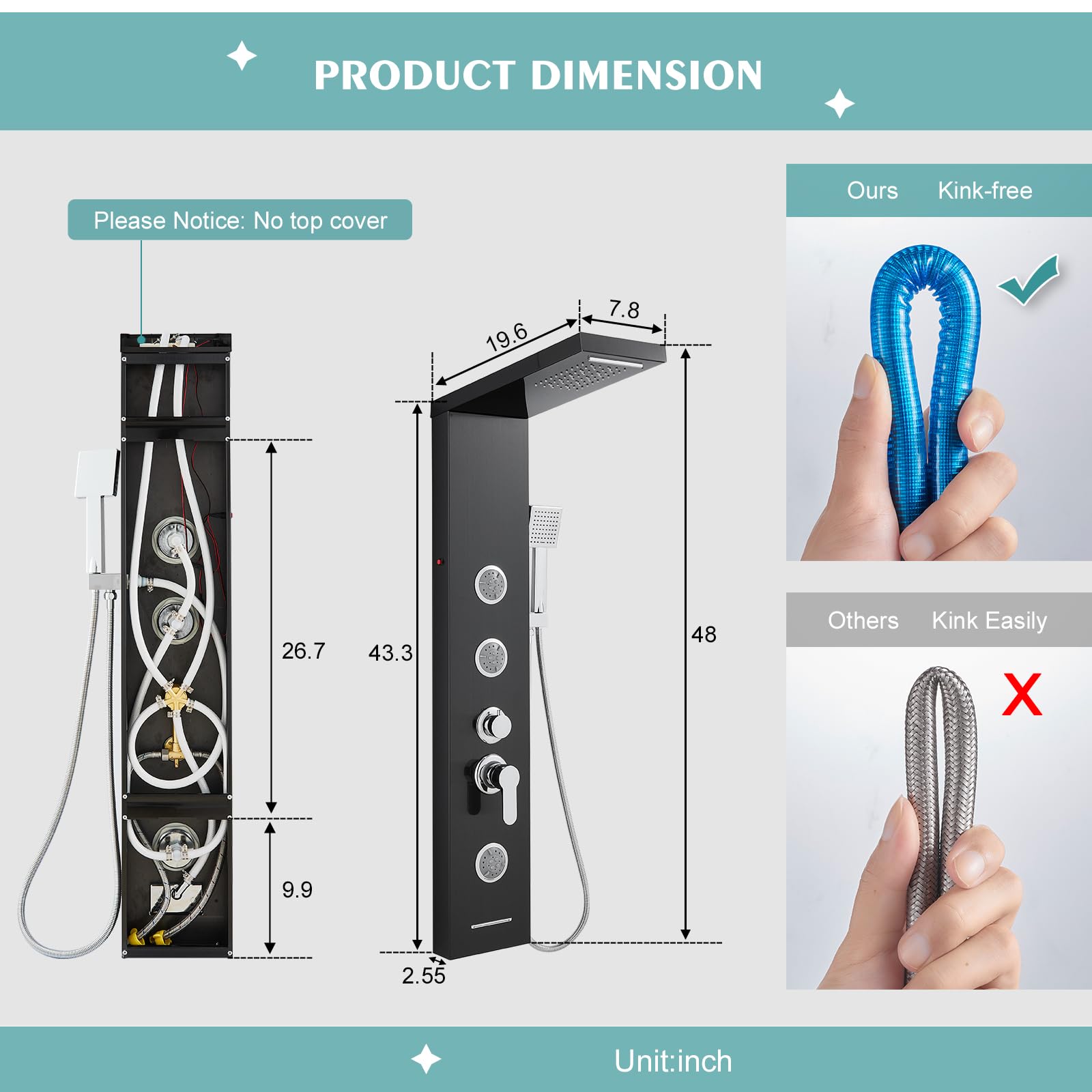 6-in-1 LED Shower Panel Tower System with Rainfall Shower Head, Body Jets & Handheld - Stainless Steel Black Shower Column for Luxury Bathroom Upgrade | Perfect for Modern Homes, Spa Experience & Relaxing Showers
