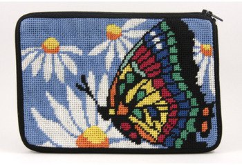 Butterfly and Daisies Needlepoint Cosmetic Purse Kit - DIY Embroidery Makeup Bag for Travel & Gift Giving
