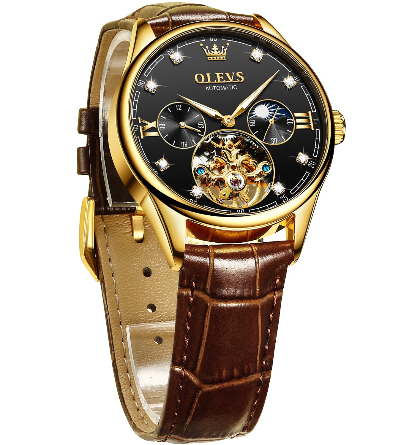 OLEVS Men's Automatic Tourbillon Mechanical Watch - Self-Winding Dress Watch with Luminous Hands, Waterproof Leather Strap - Perfect for Business, Formal Events & Everyday Wear