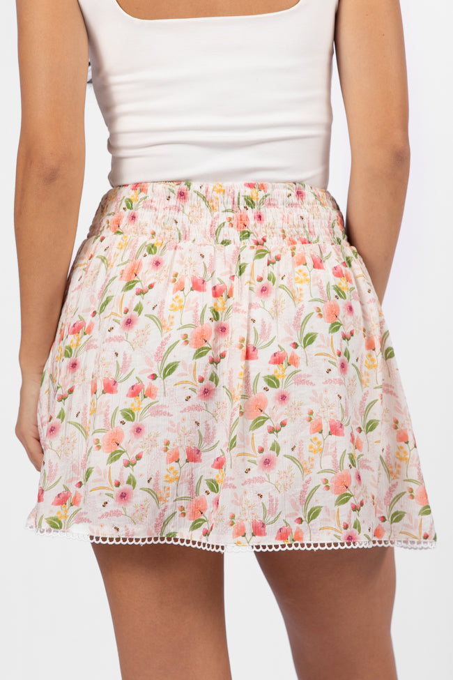 Through The Garden Ivory Multi Floral Eyelet Trim Mini Skort - Women's Floral Lace Skirt Shorts Hybrid for Spring Summer Outfits, Beach Vacations & Casual Wear