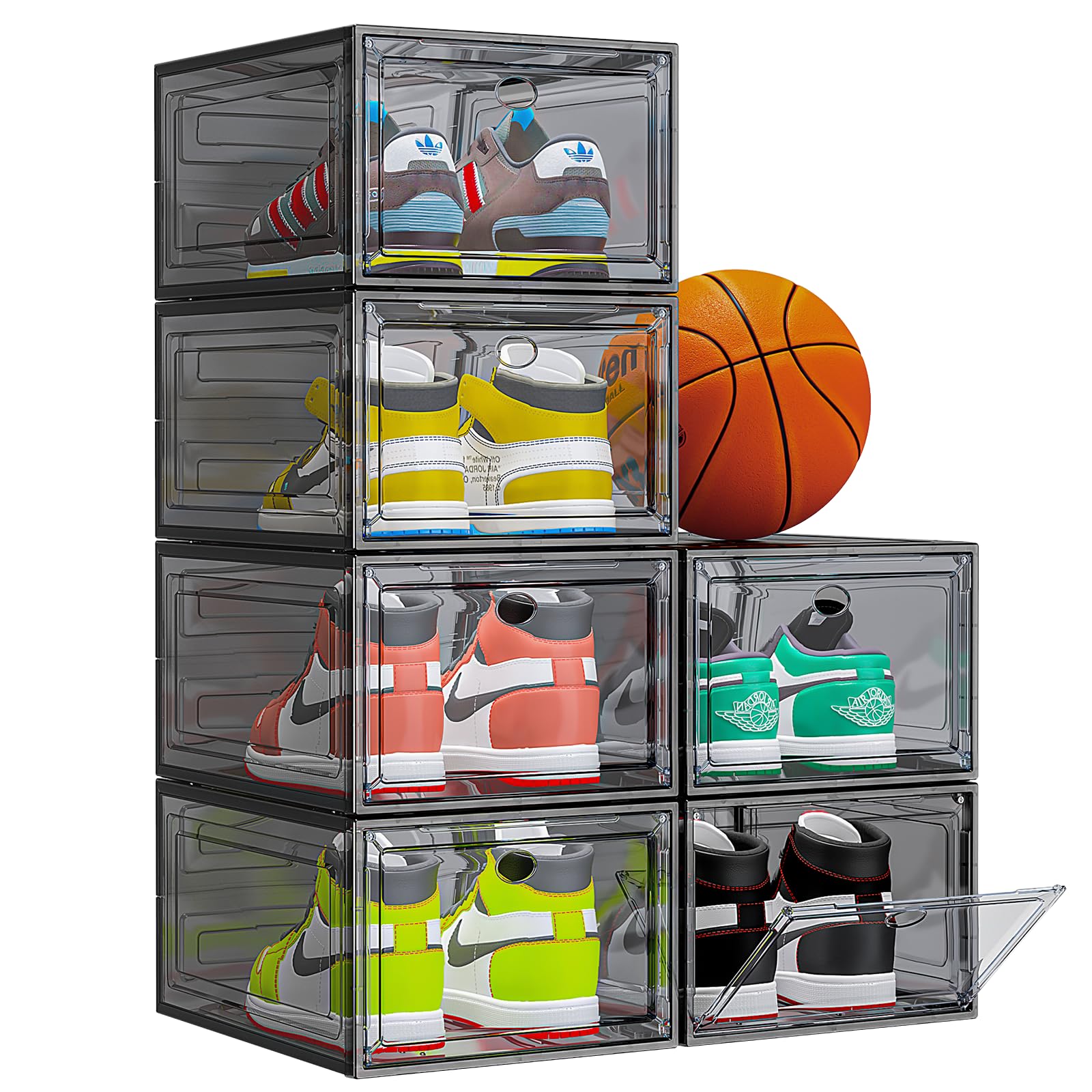 Thick & Sturdy Clear Shoe Storage Organizer with Magnetic Door - Stackable Plastic Shoe Boxes for Closet, Foldable Shoe Rack for Sneakers & Boots - 6-Pack Black Shoe Cabinet Organizer | Perfect for Bedroom, Entryway & Walk-in Closet Organization