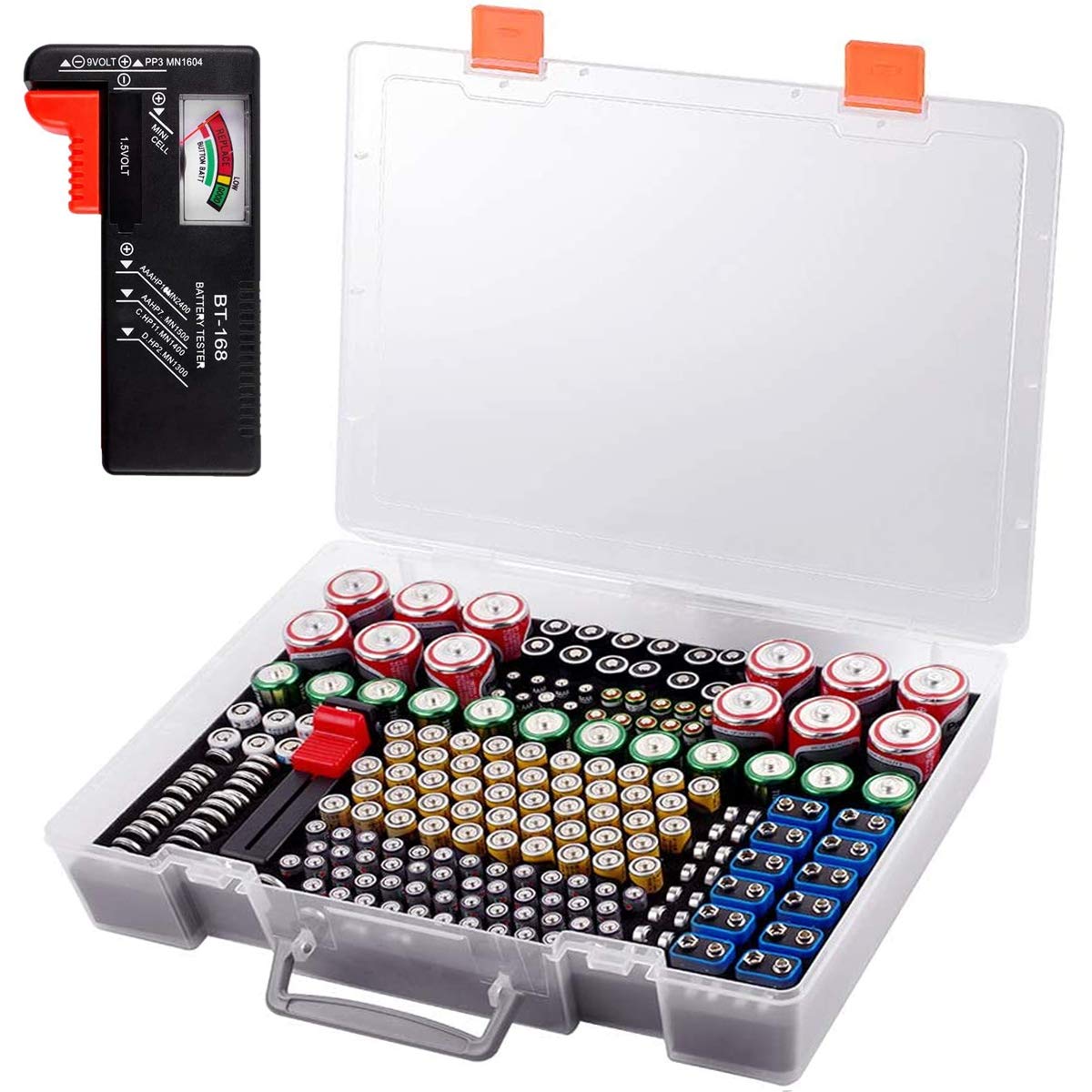 Premium Battery Organizer Storage Case with Tester - Holds 225 AA AAA C D 9V Batteries & Lithium Cells (CR2, CR2032, LR44) - Black - Ideal for Garage, Home & Office Organization
