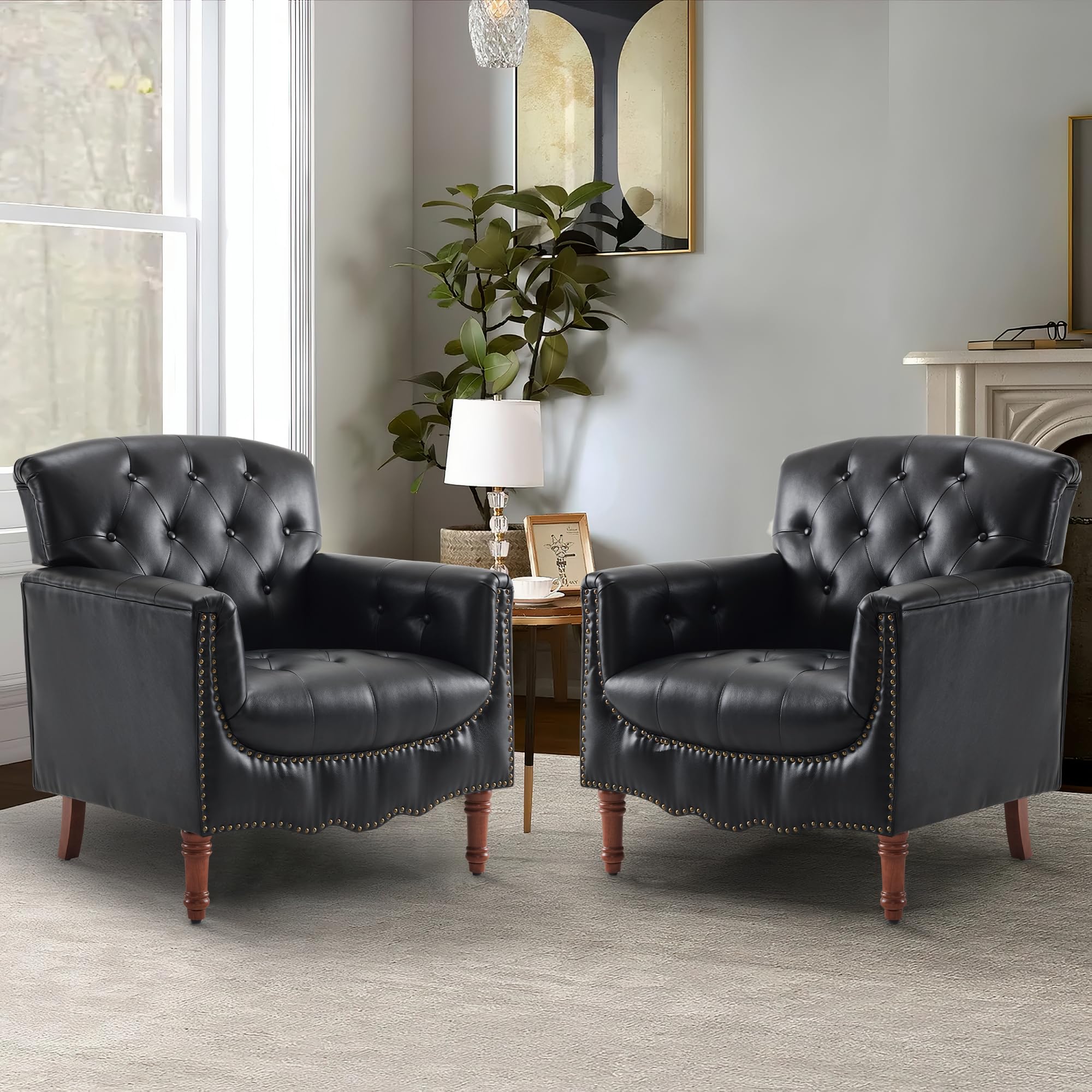 MOJAY Modern Accent Chair - Mid-Century Faux Leather Living Room Armchair with Thick Padded Cushion & Sturdy Wood Legs, Comfortable Lounge Sofa Club Chair for Bedroom, Home Office, Reading Nook (Black) - Perfect for Relaxing, Entertaining & Small Space Decor
