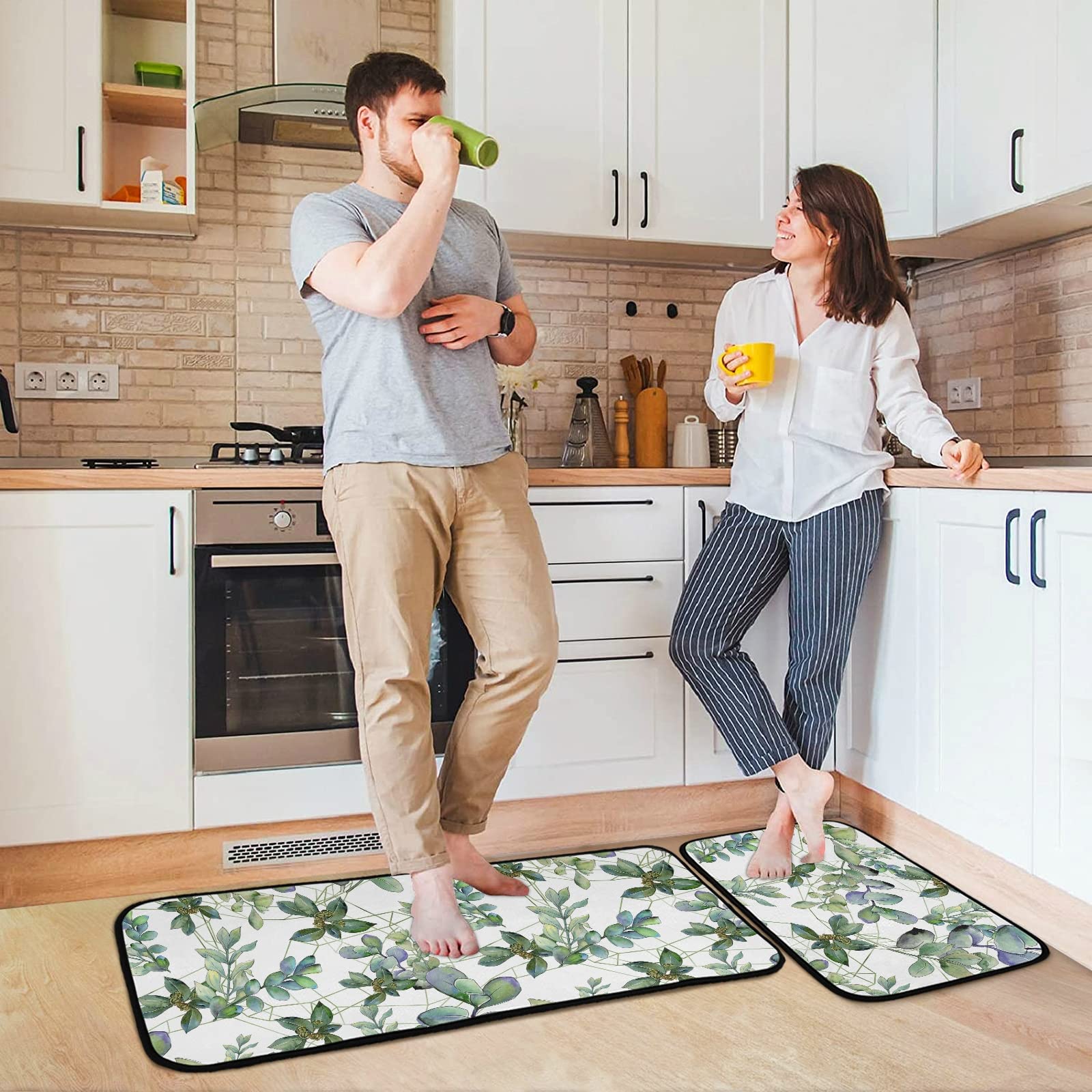 Premium Green Kitchen Rugs Set of 2 - Non-Slip Eucalyptus Leaf Design Anti-Fatigue Mats (20