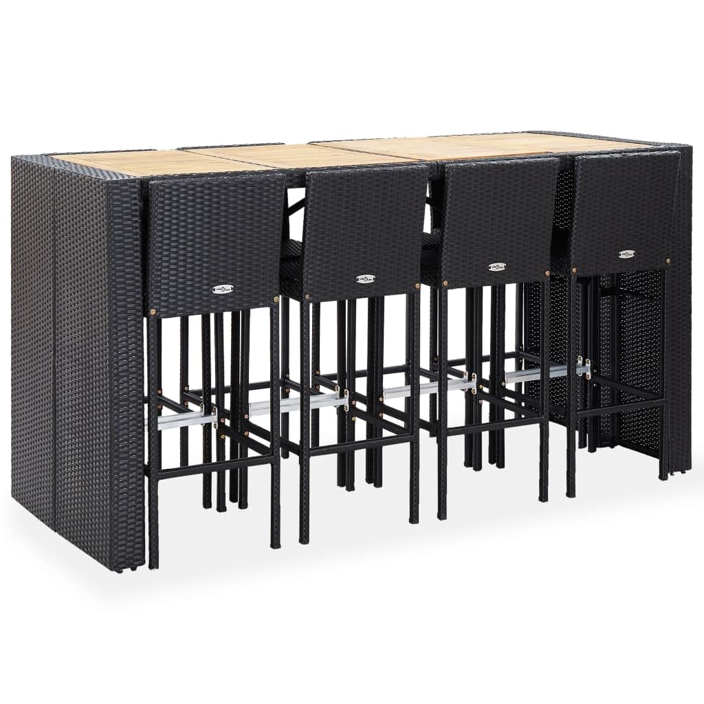 vidaXL 9-Piece Patio Bar Set with Wood Tabletop, Rattan & Black Wood Frame - Outdoor Bar Furniture for Garden, Poolside & Backyard Entertaining