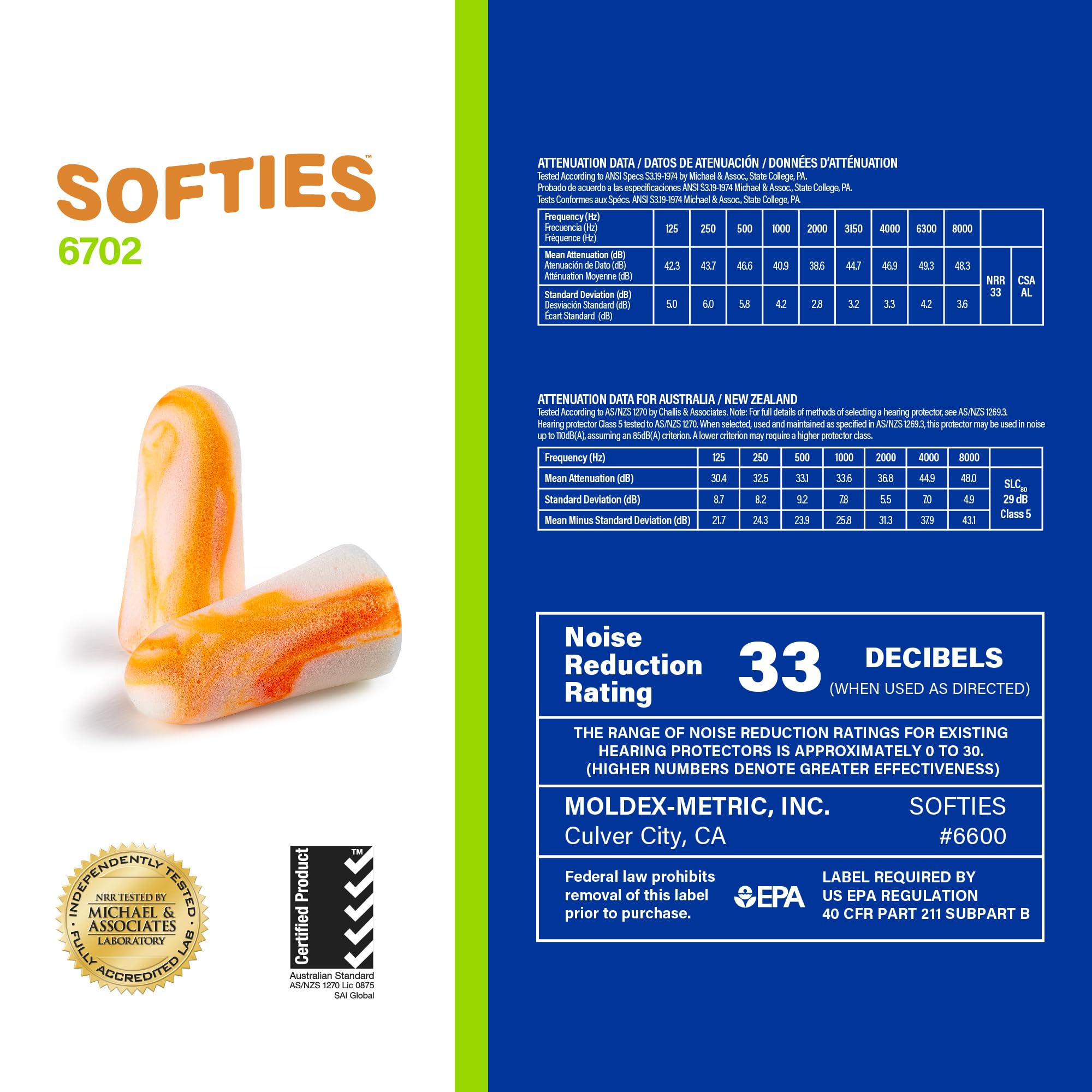 Moldex Softies® Ecostation® Disposable Foam Earplugs 6702 Refill Pack - 33dB NRR Noise Reduction for Work, Study & Travel